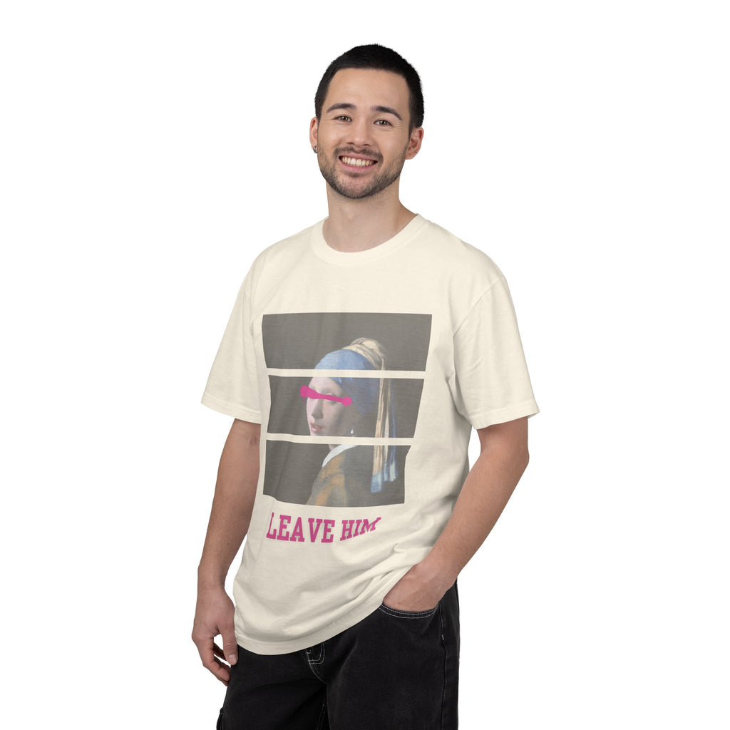 T‑Shirt — 'Leave Him' Girl with Pearl Split-Panel Graphic