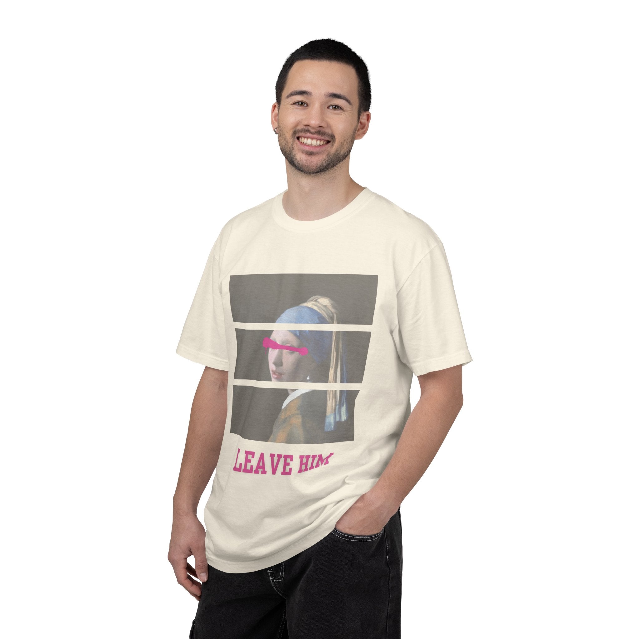T‑Shirt — 'Leave Him' Girl with Pearl Split-Panel Graphic