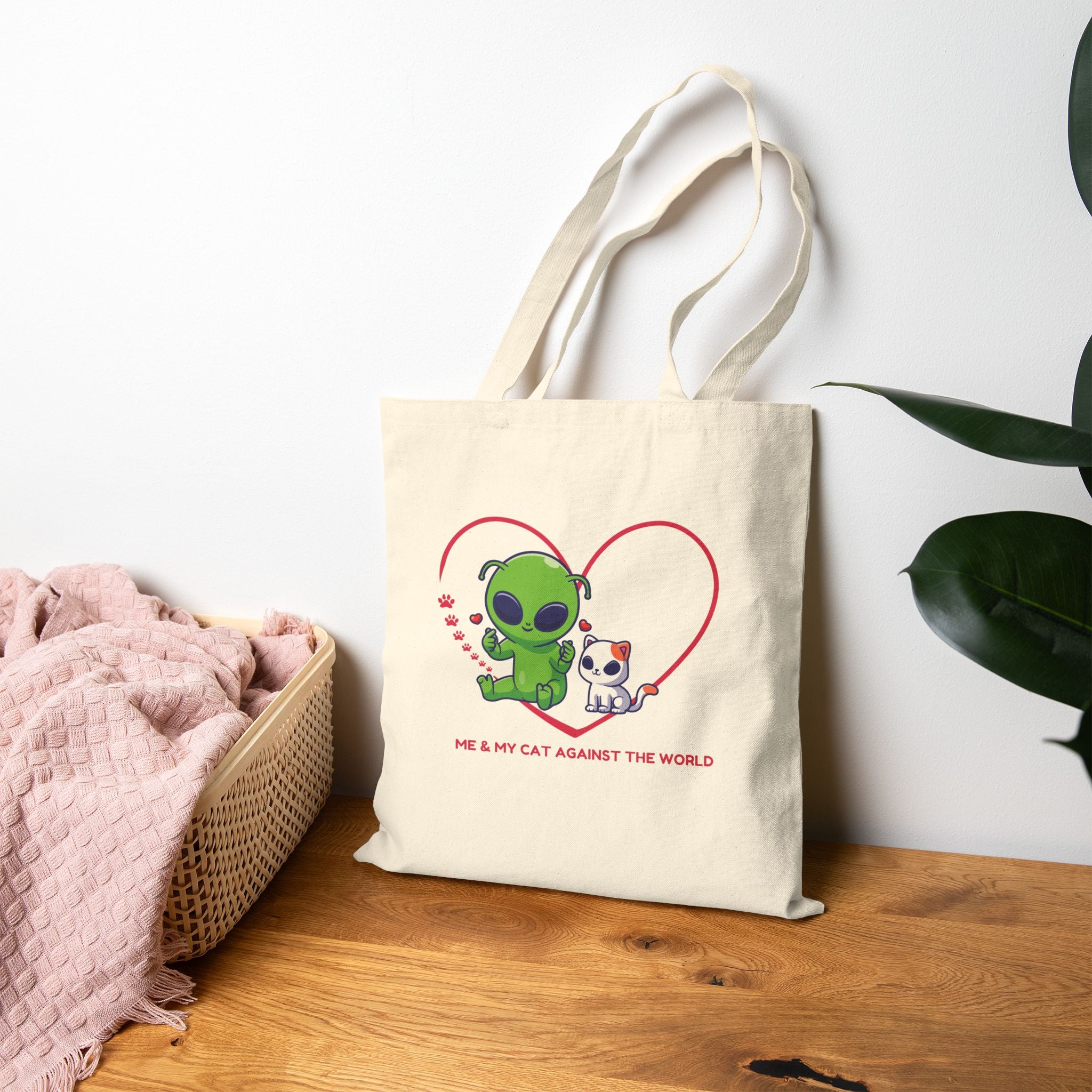 Tote Bag — Cute Alien & Cat Heart Canvas Tote (Me & My Cat Against The World)