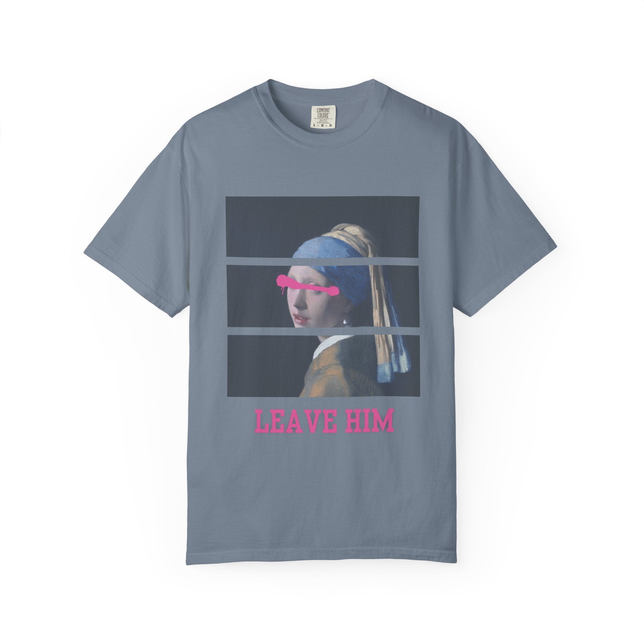 T‑Shirt — 'Leave Him' Girl with Pearl Split-Panel Graphic