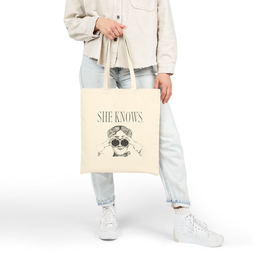 She Knows Tote Bag — Vintage Chic Cotton Canvas Grocery & Market Tote