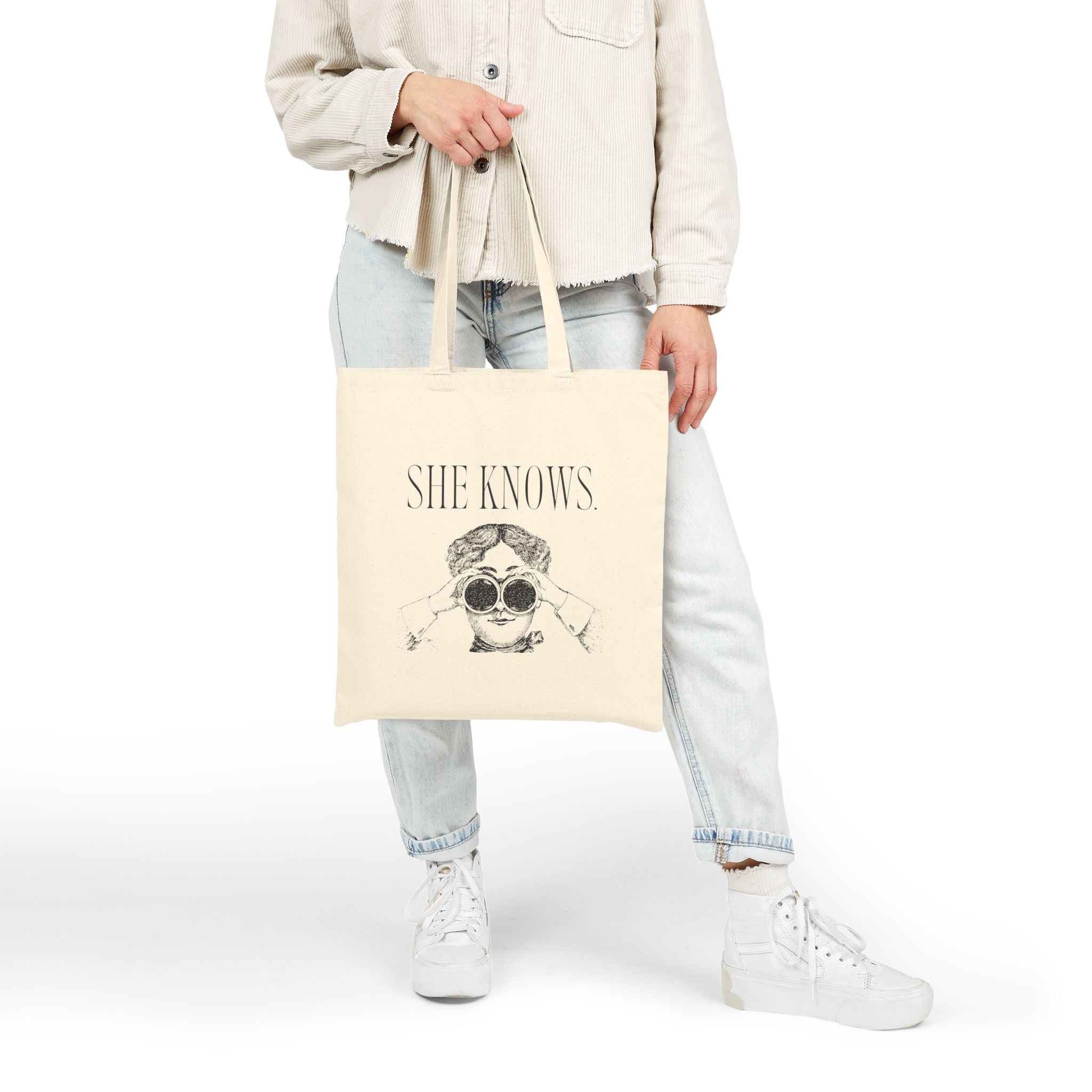 She Knows Tote Bag — Vintage Chic Cotton Canvas Grocery & Market Tote