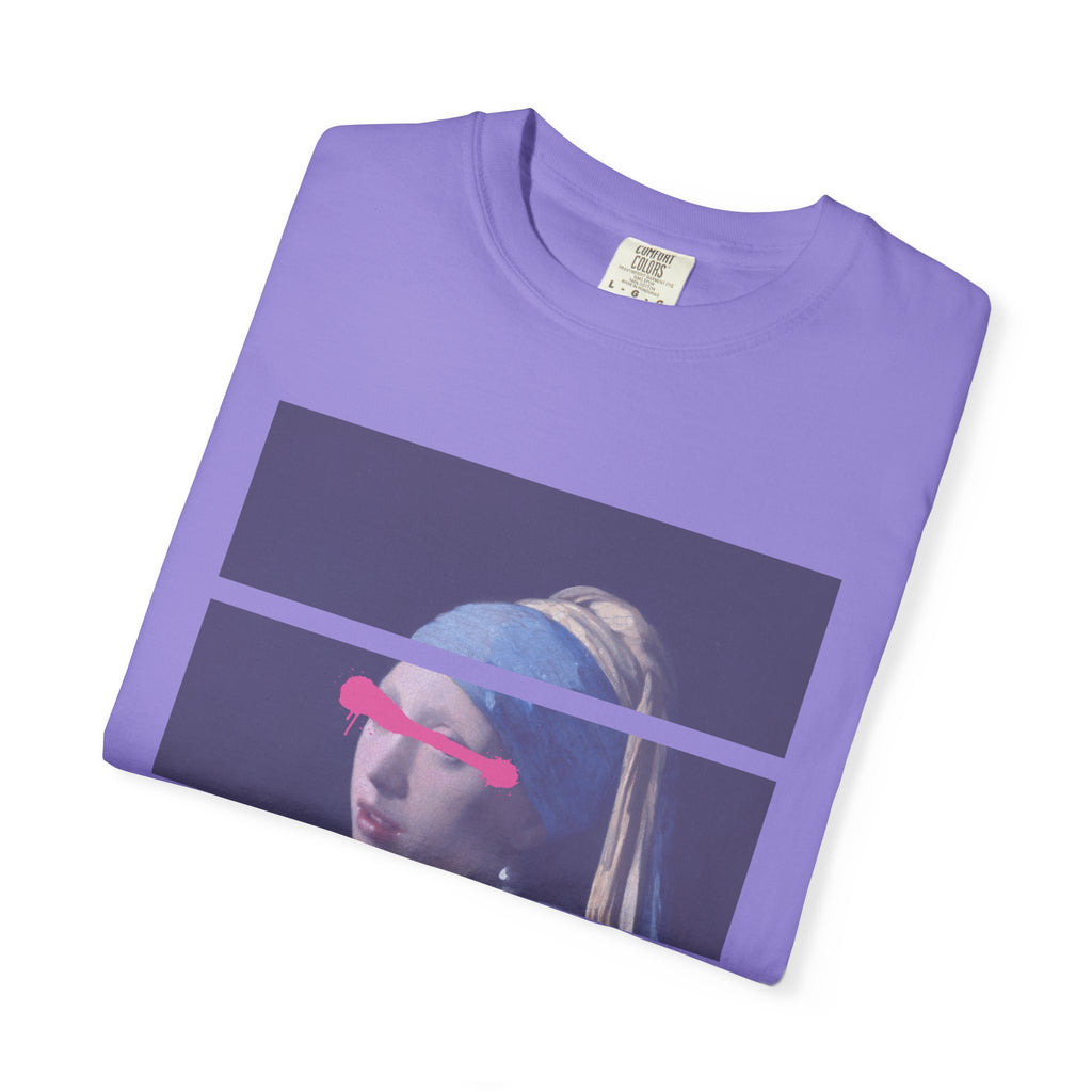T‑Shirt — 'Leave Him' Girl with Pearl Split-Panel Graphic