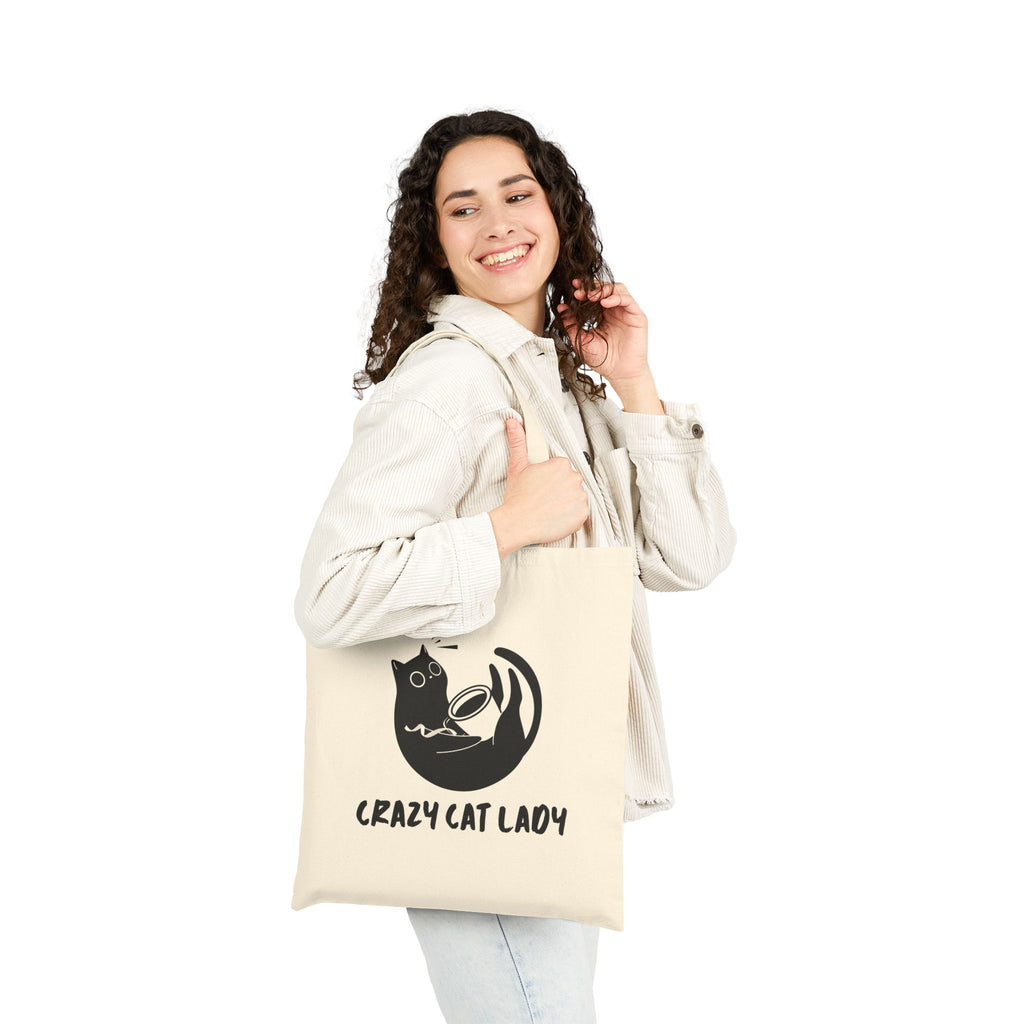 Crazy Cat Lady Canvas Tote Bag — Funny Black Cat Illustration Cotton Shopper