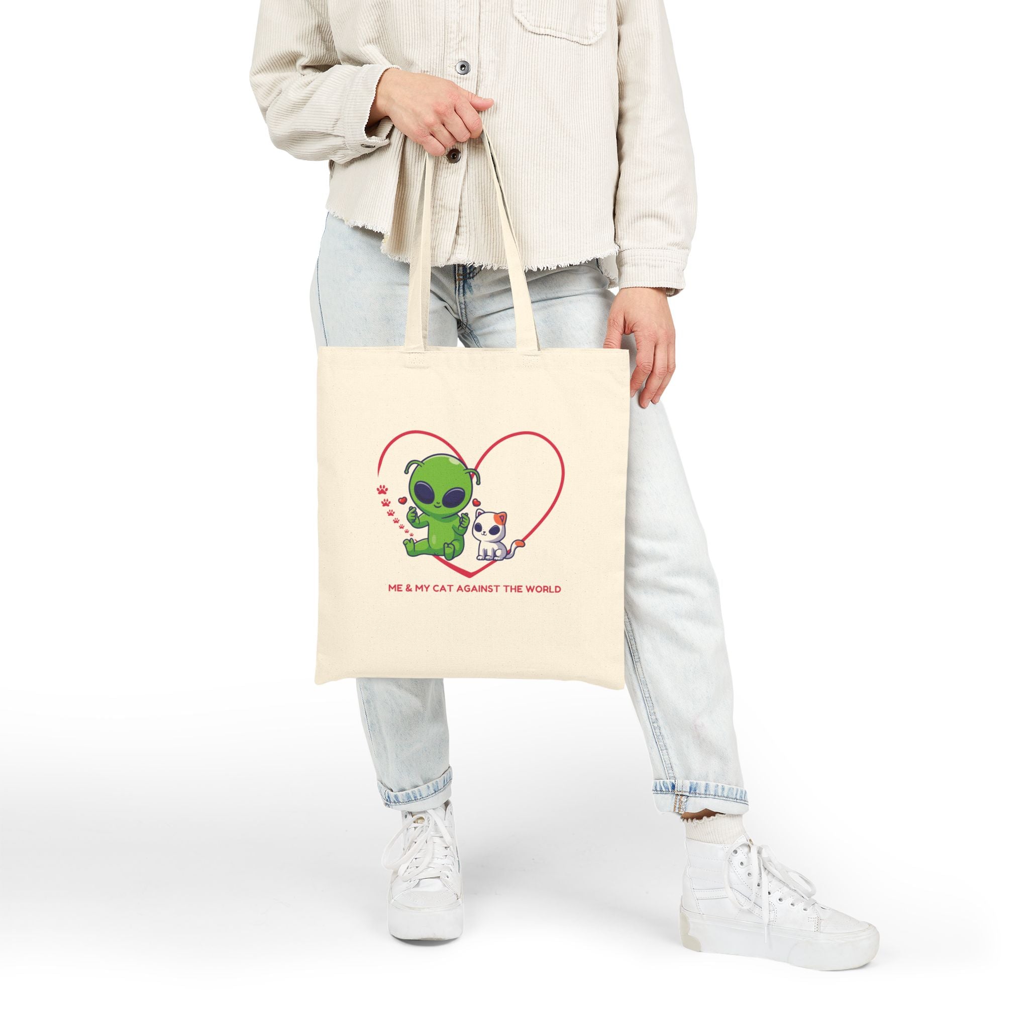Tote Bag — Cute Alien & Cat Heart Canvas Tote (Me & My Cat Against The World)