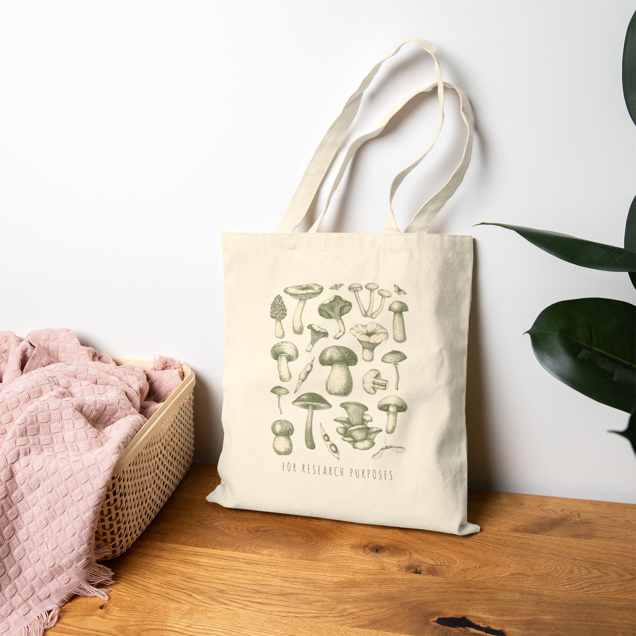 Mushroom Field Canvas Tote Bag — Vintage Botanical Mushroom Illustration