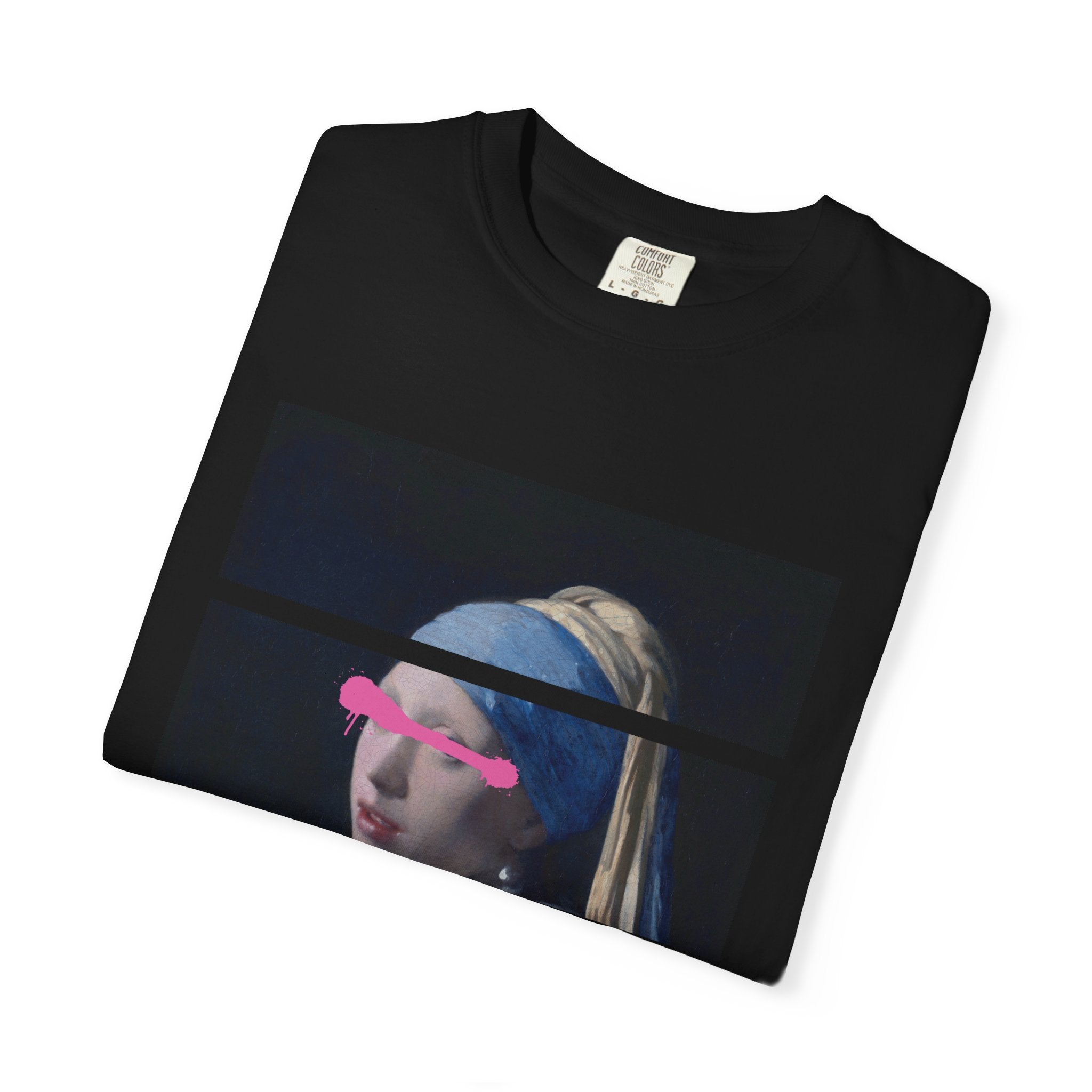 T‑Shirt — 'Leave Him' Girl with Pearl Split-Panel Graphic