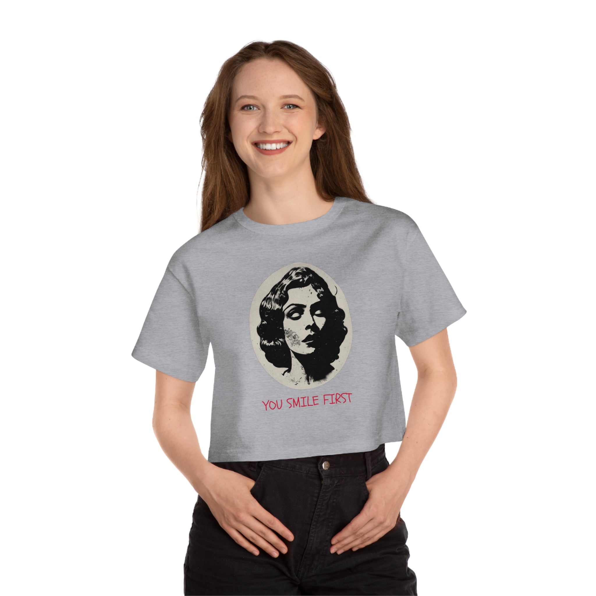 Cropped T-Shirt — Retro Portrait 'You Smile First' Vintage Graphic