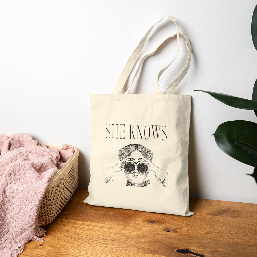 She Knows Tote Bag — Vintage Chic Cotton Canvas Grocery & Market Tote