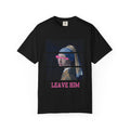 T‑Shirt — 'Leave Him' Girl with Pearl Split-Panel Graphic