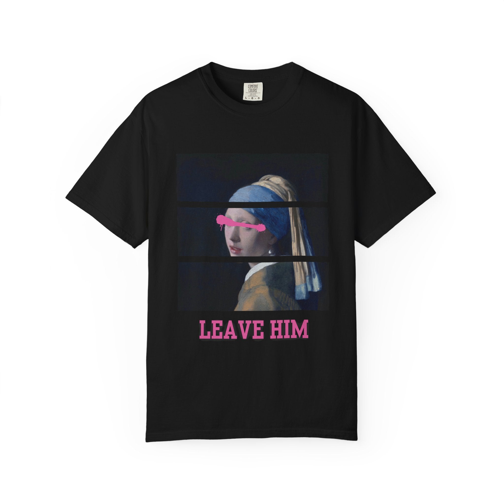 T‑Shirt — 'Leave Him' Girl with Pearl Split-Panel Graphic