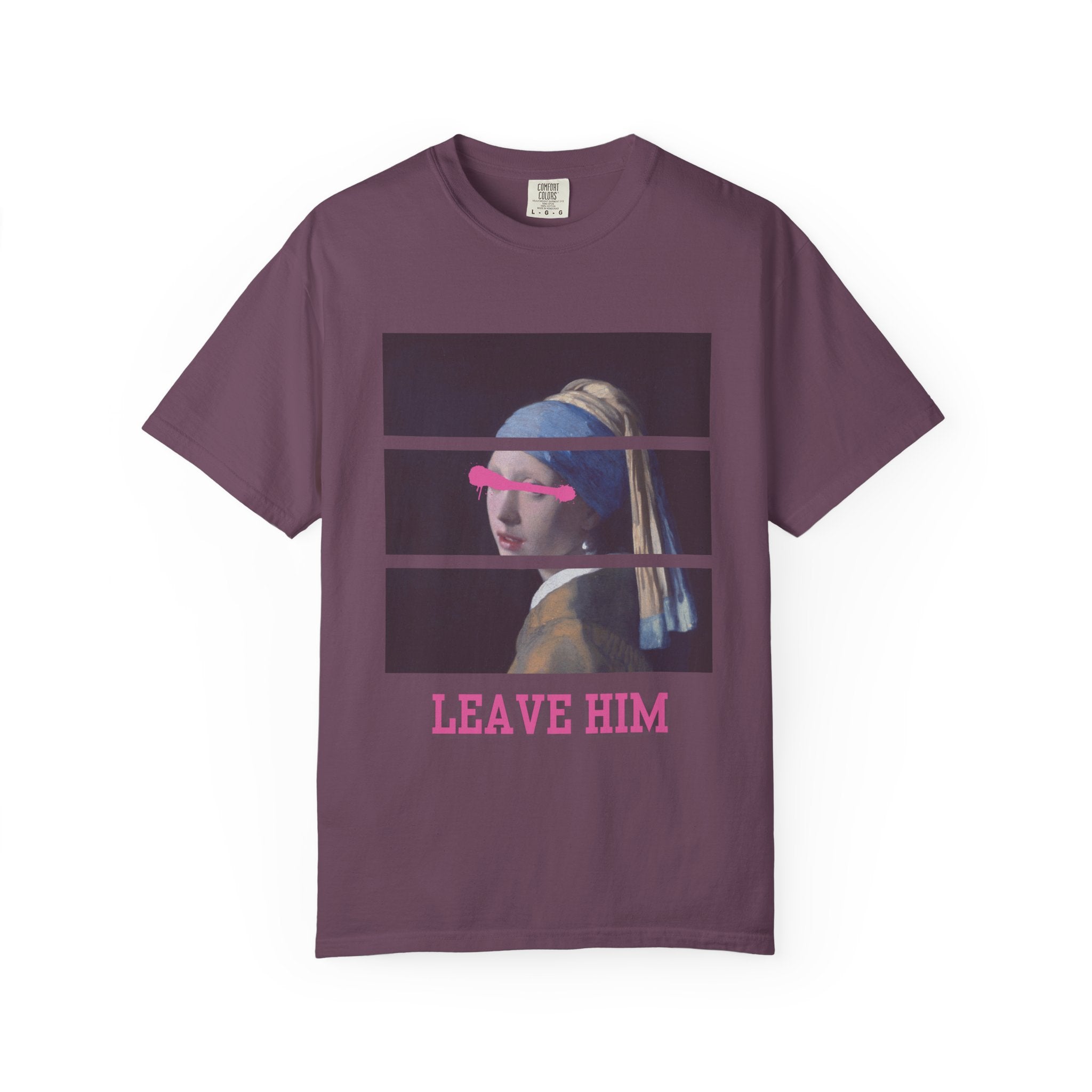 T‑Shirt — 'Leave Him' Girl with Pearl Split-Panel Graphic
