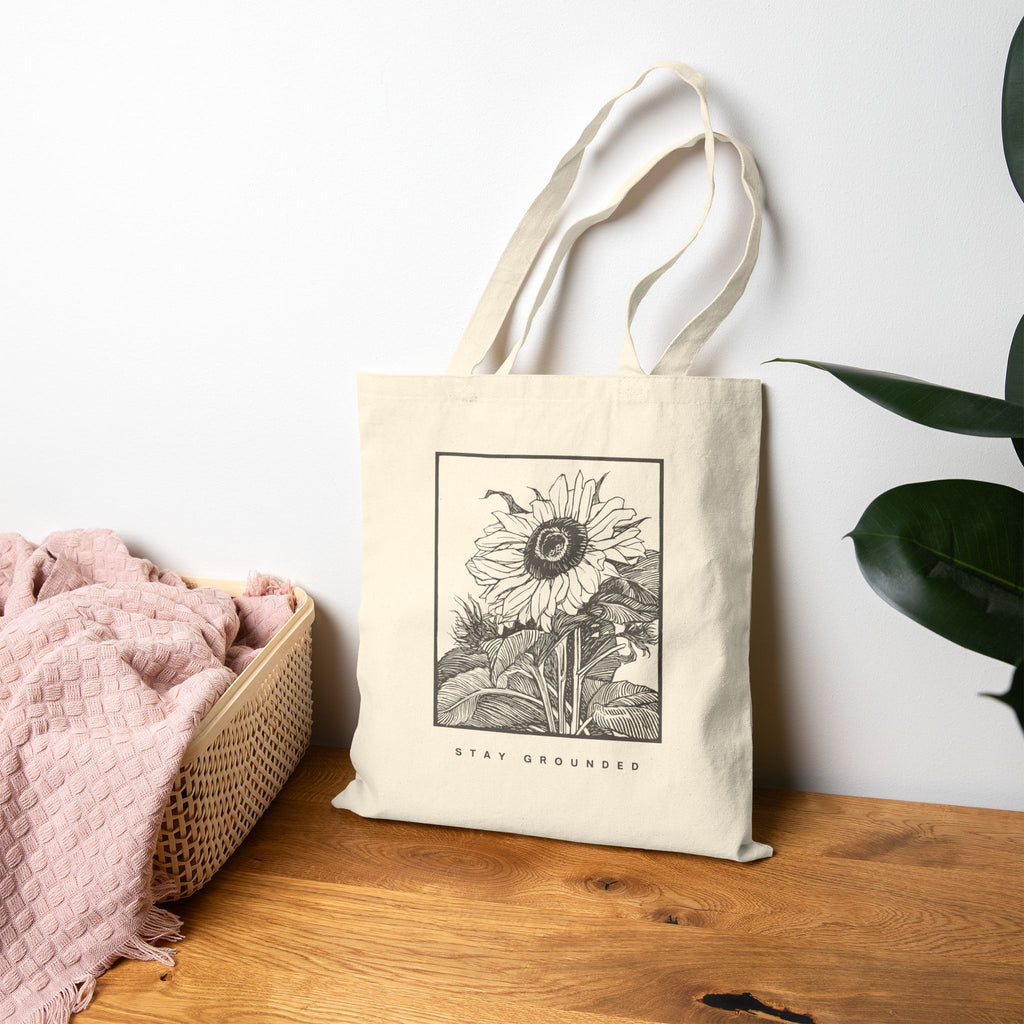 Sunflower Sketch Tote Bag — "Stay Grounded" Cotton Canvas Grocery Tote