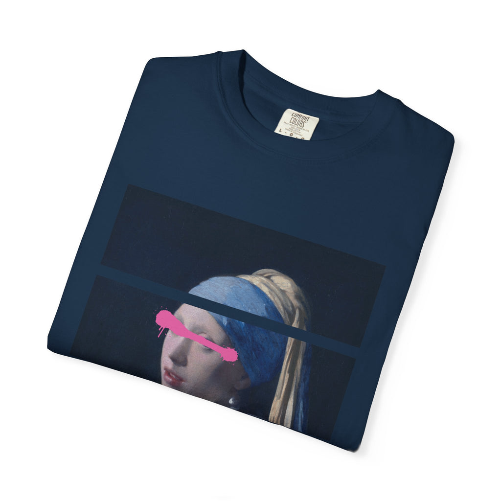 T‑Shirt — 'Leave Him' Girl with Pearl Split-Panel Graphic