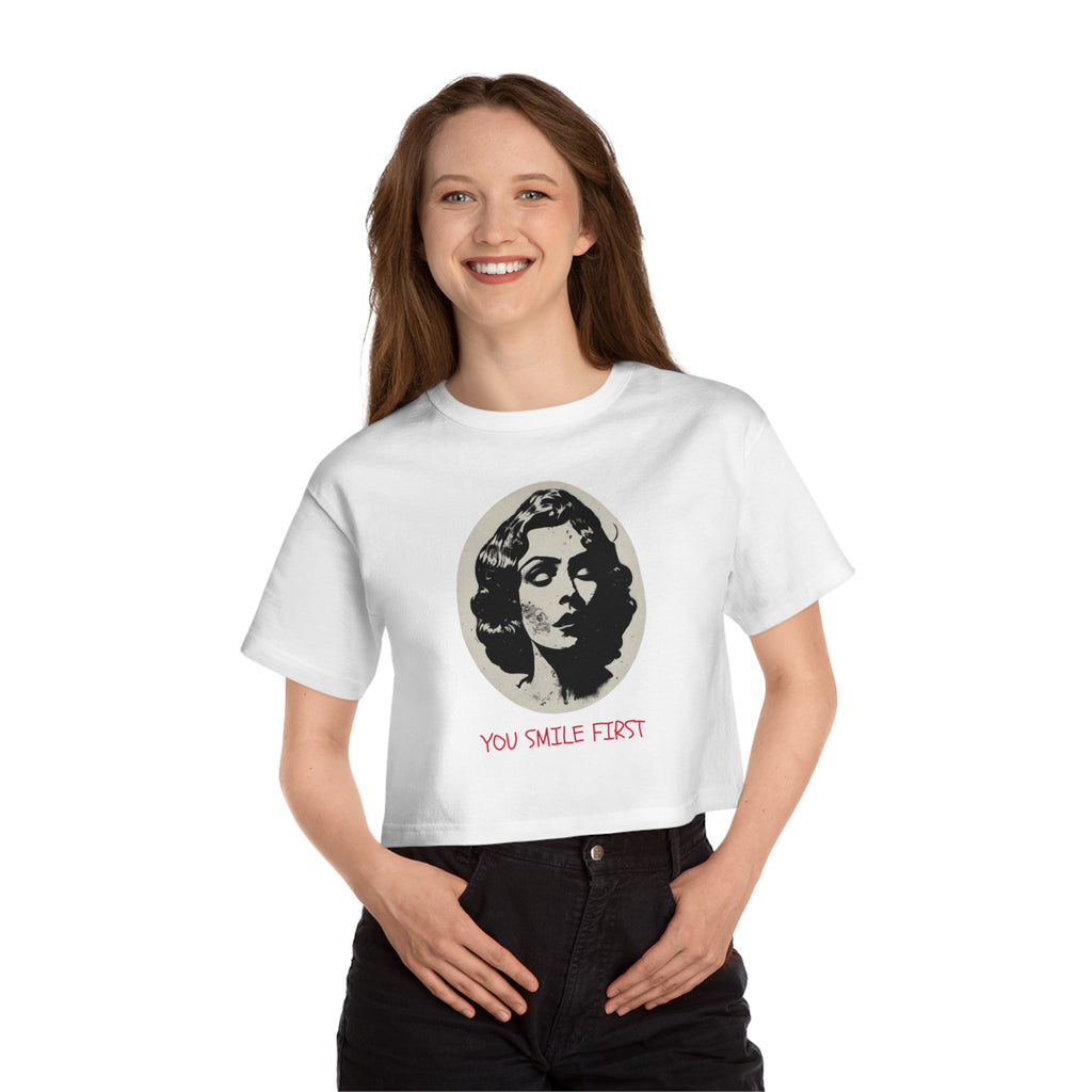 Cropped T-Shirt — Retro Portrait 'You Smile First' Vintage Graphic