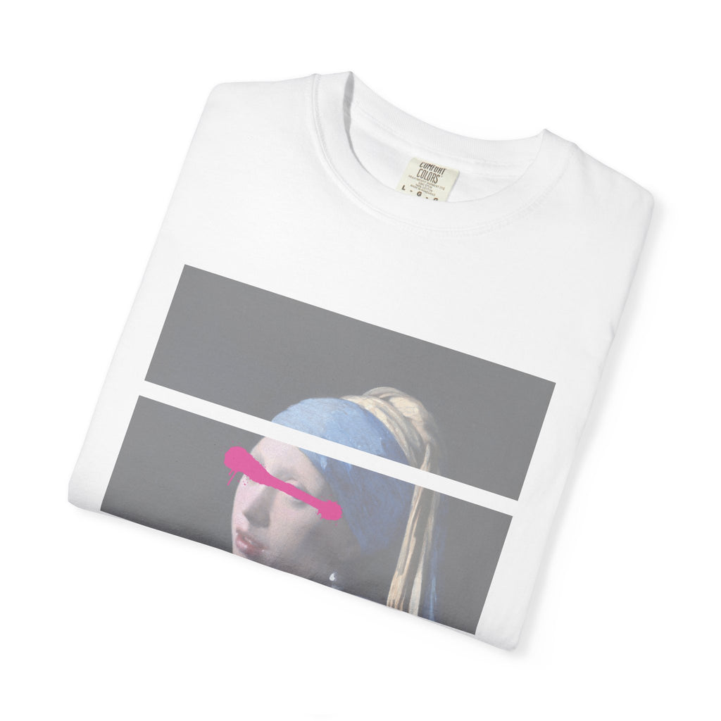 T‑Shirt — 'Leave Him' Girl with Pearl Split-Panel Graphic
