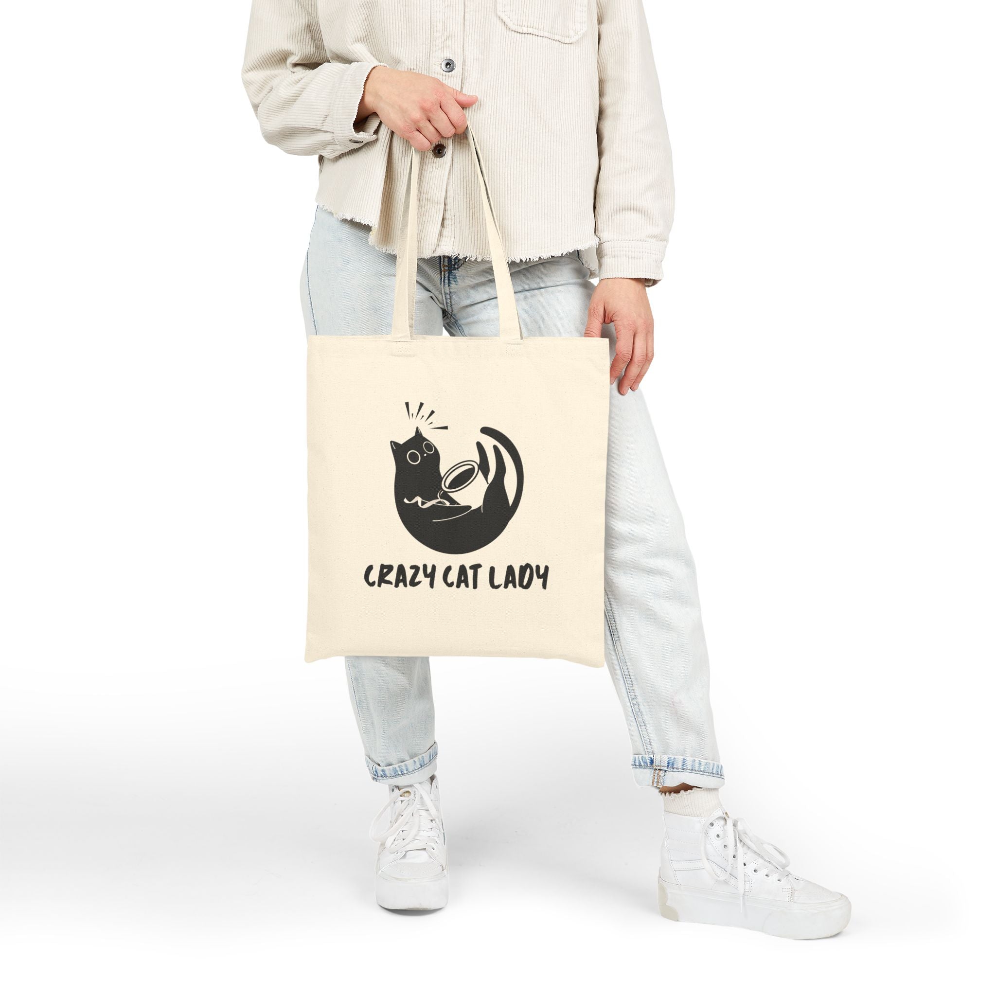 Crazy Cat Lady Canvas Tote Bag — Funny Black Cat Illustration Cotton Shopper