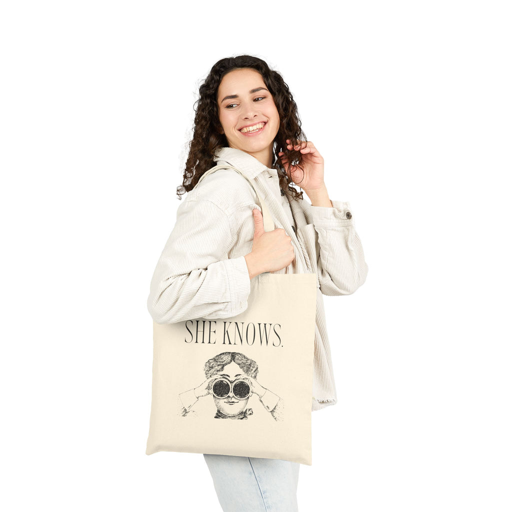 She Knows Tote Bag — Vintage Chic Cotton Canvas Grocery & Market Tote