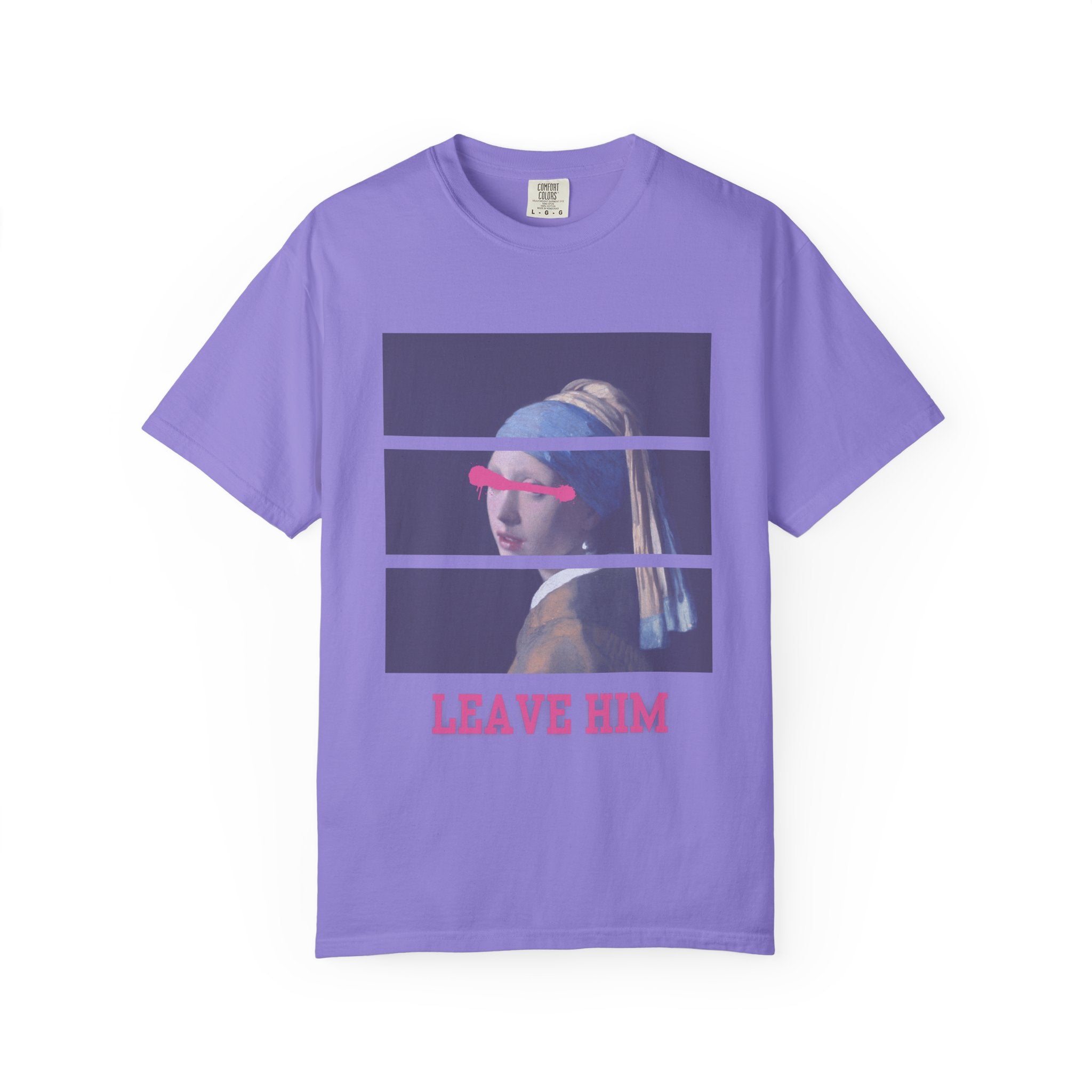 T‑Shirt — 'Leave Him' Girl with Pearl Split-Panel Graphic