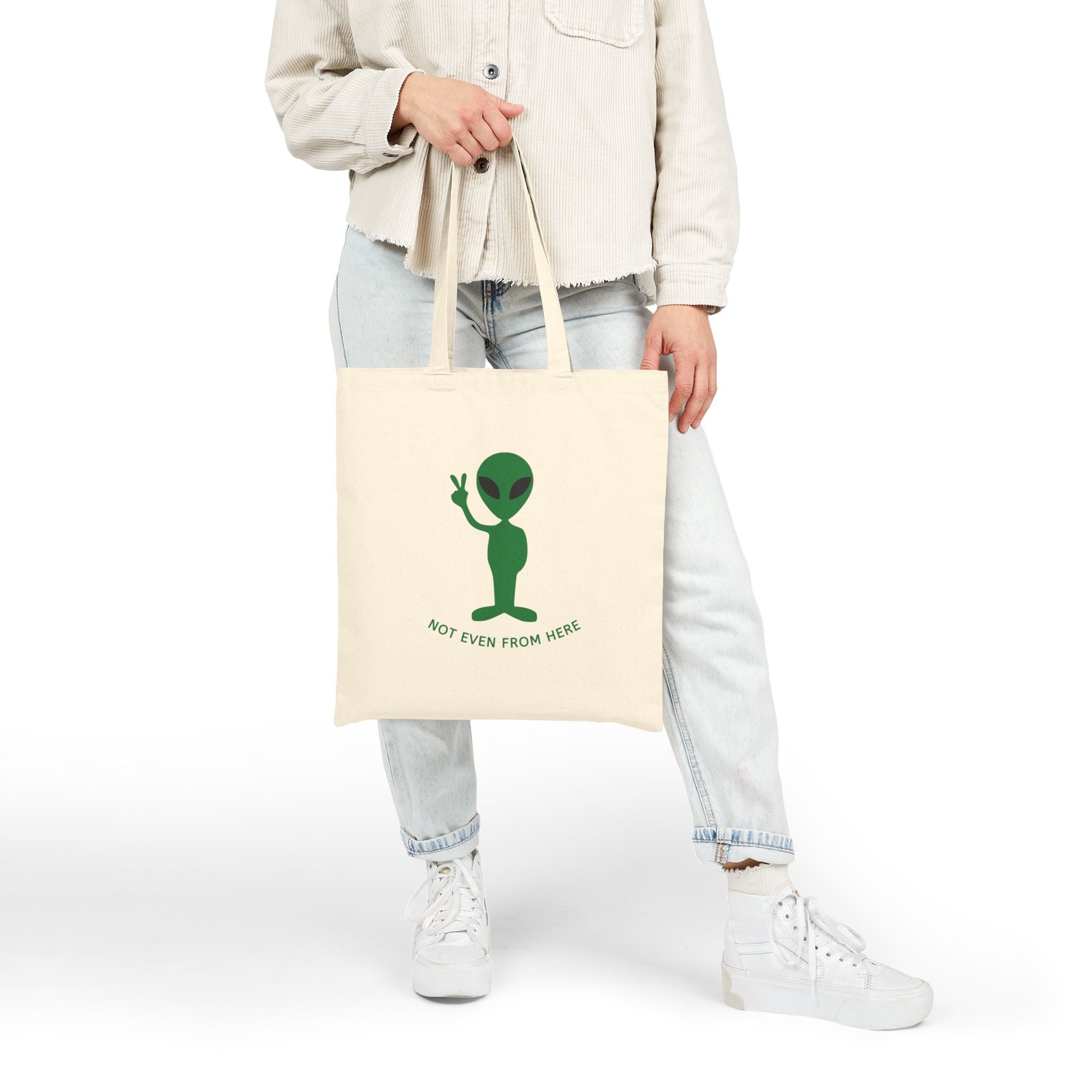 Alien Peace Tote Bag — “Not Even From Here” Cotton Canvas Shopper