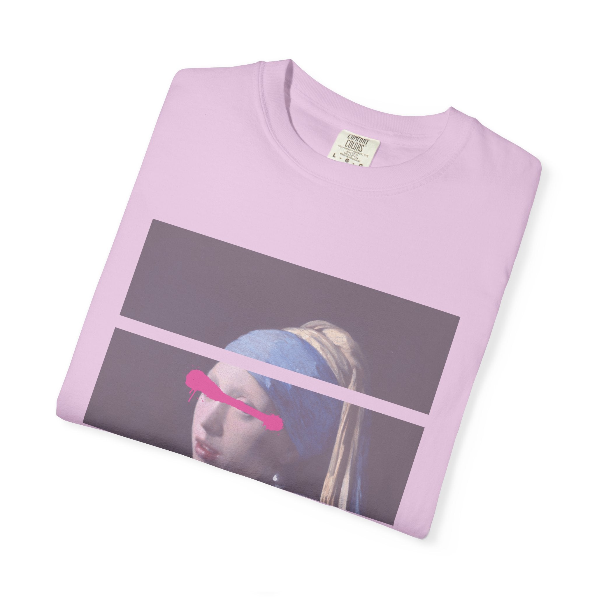 T‑Shirt — 'Leave Him' Girl with Pearl Split-Panel Graphic