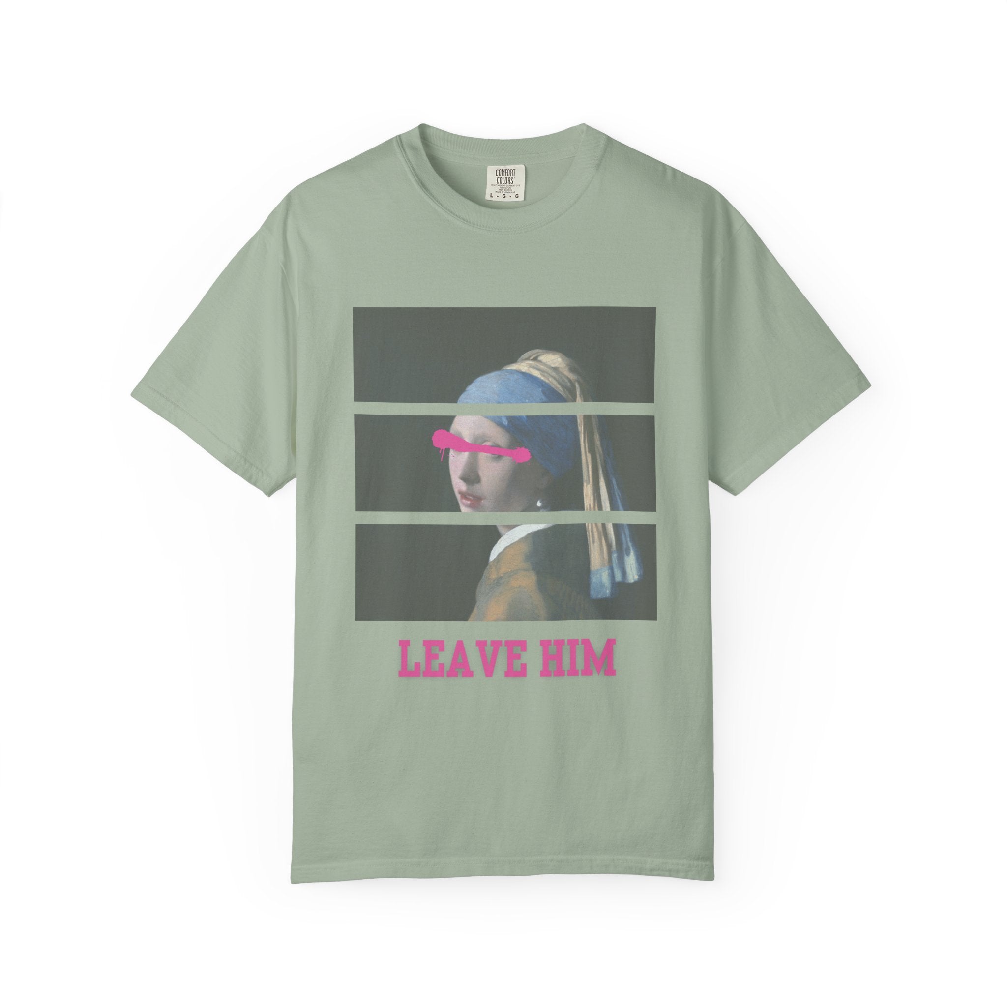T‑Shirt — 'Leave Him' Girl with Pearl Split-Panel Graphic