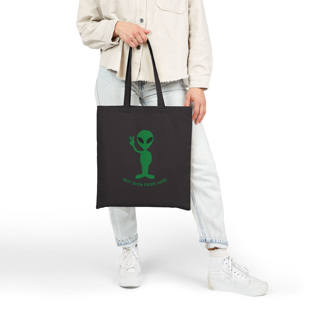 Alien Peace Tote Bag — “Not Even From Here” Cotton Canvas Shopper