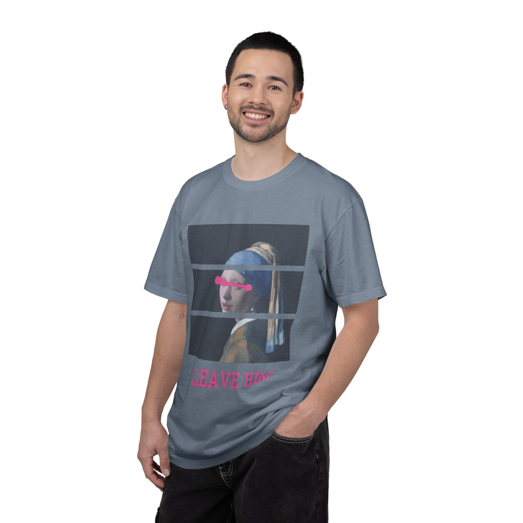 T‑Shirt — 'Leave Him' Girl with Pearl Split-Panel Graphic