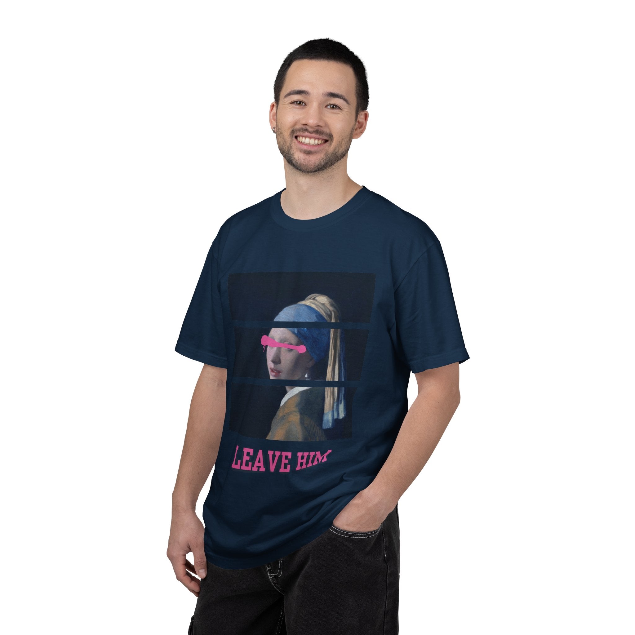 T‑Shirt — 'Leave Him' Girl with Pearl Split-Panel Graphic