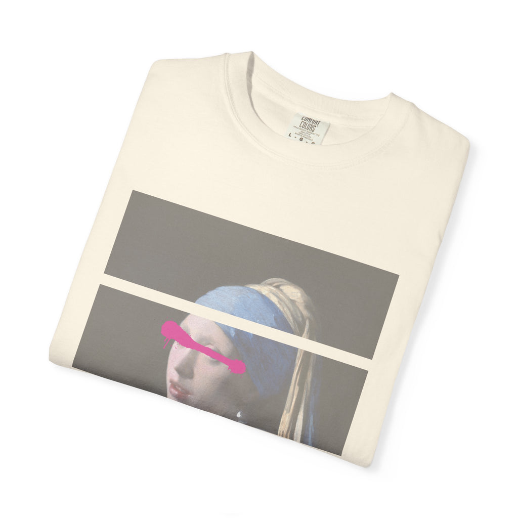 T‑Shirt — 'Leave Him' Girl with Pearl Split-Panel Graphic