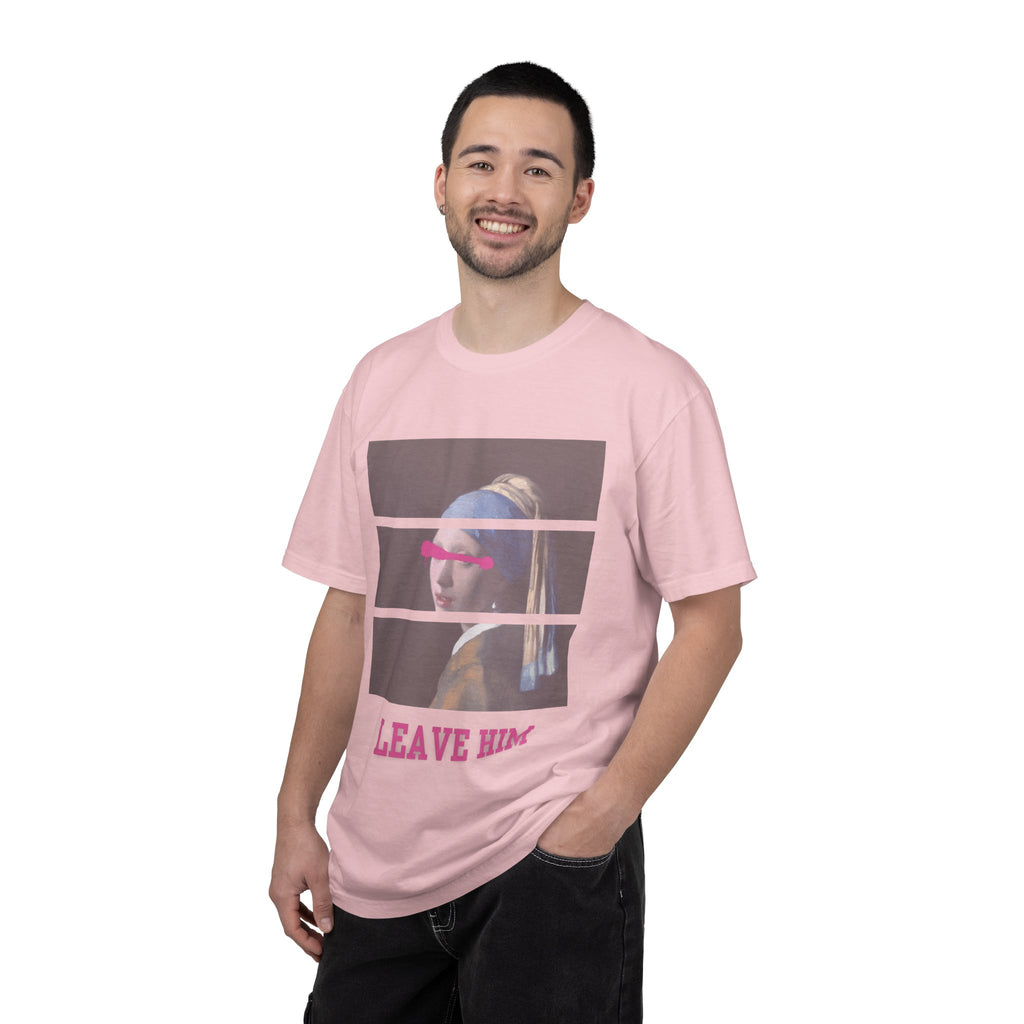 T‑Shirt — 'Leave Him' Girl with Pearl Split-Panel Graphic