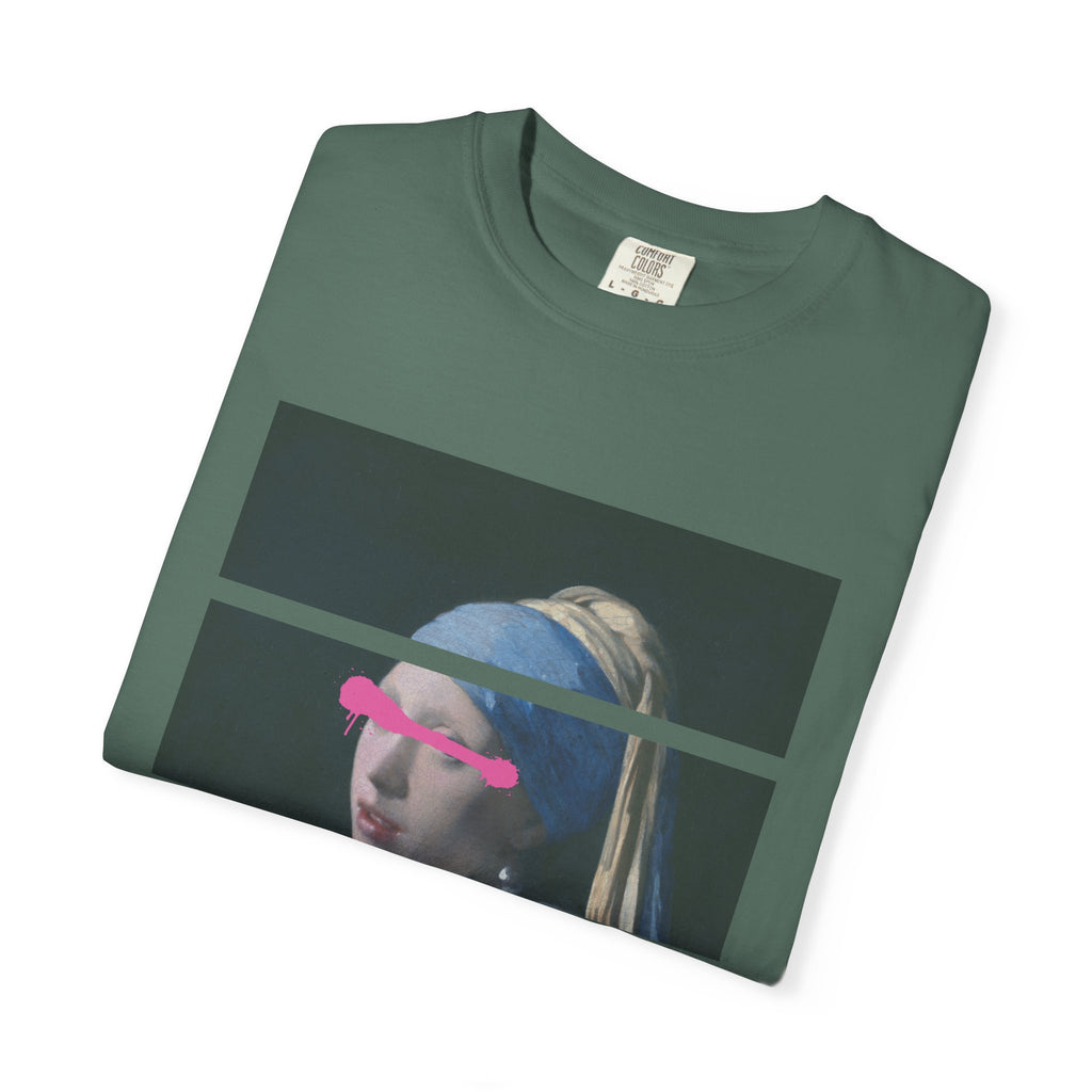 T‑Shirt — 'Leave Him' Girl with Pearl Split-Panel Graphic