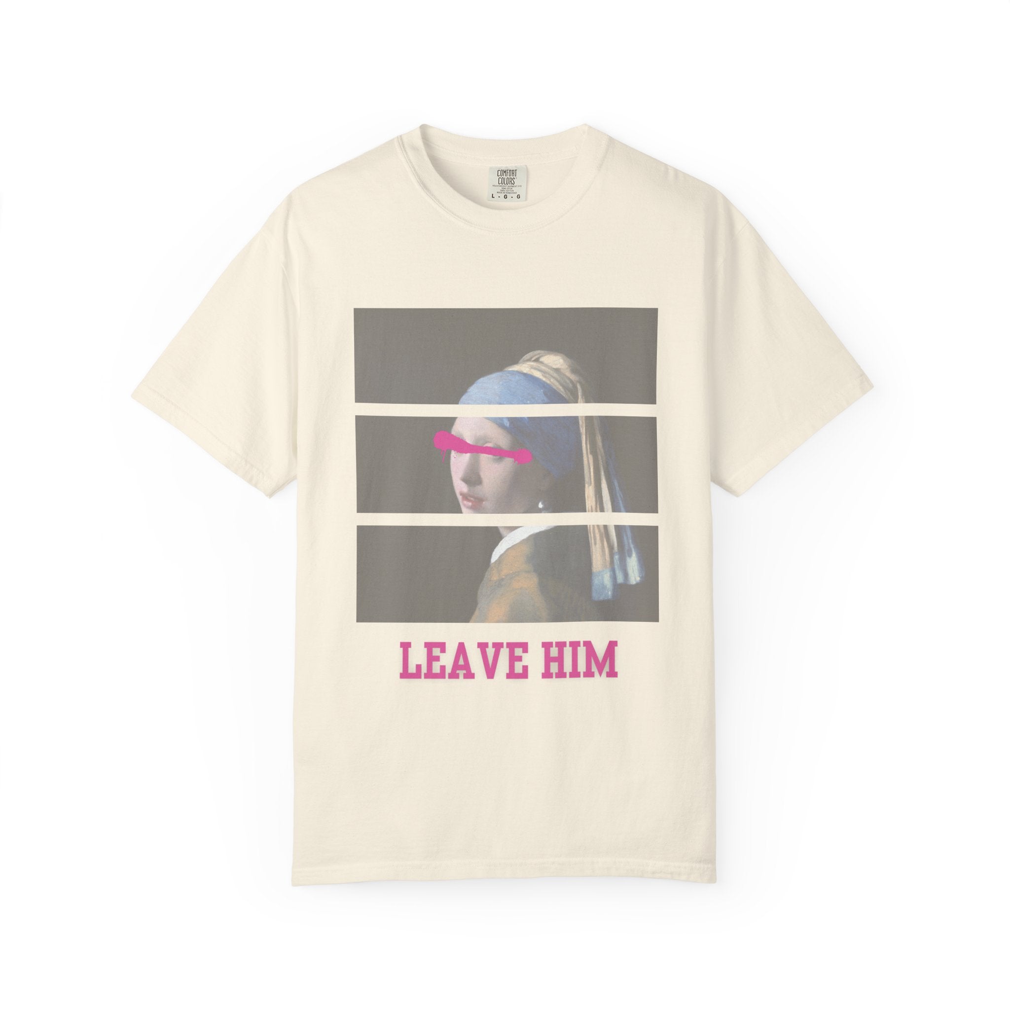 T‑Shirt — 'Leave Him' Girl with Pearl Split-Panel Graphic