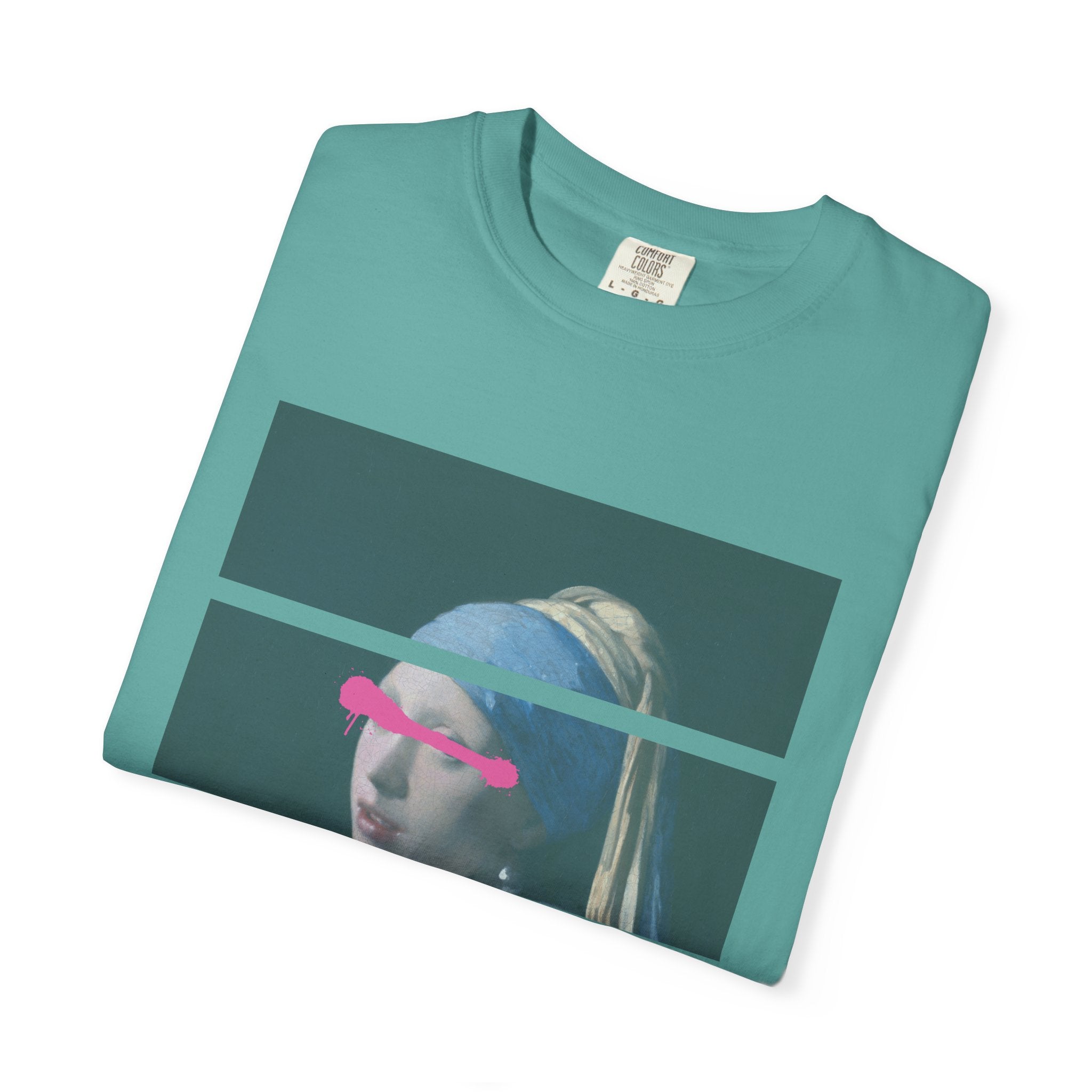 T‑Shirt — 'Leave Him' Girl with Pearl Split-Panel Graphic