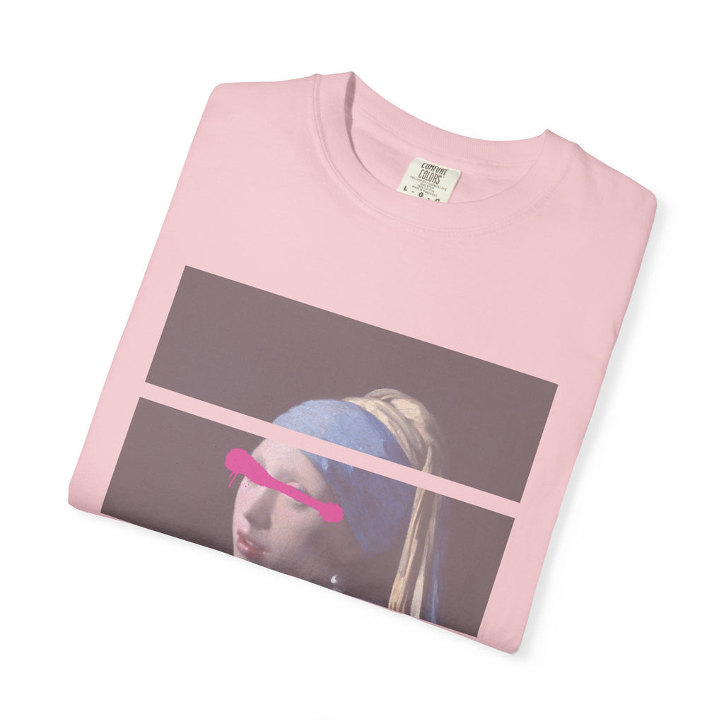 T‑Shirt — 'Leave Him' Girl with Pearl Split-Panel Graphic