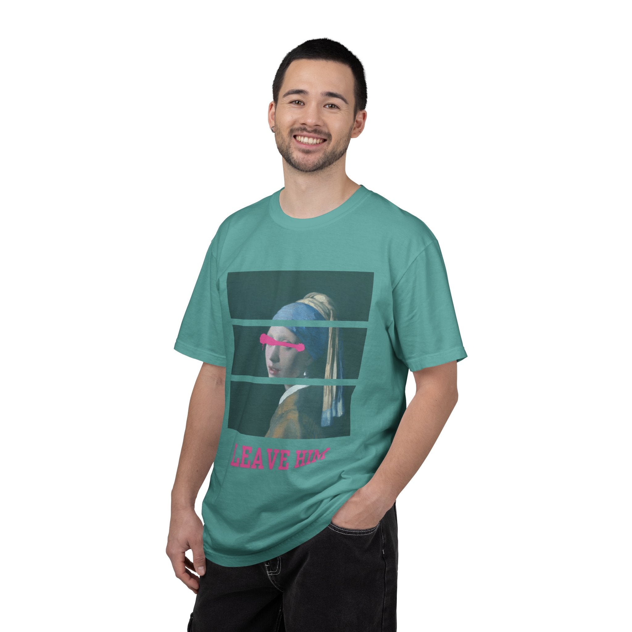 T‑Shirt — 'Leave Him' Girl with Pearl Split-Panel Graphic