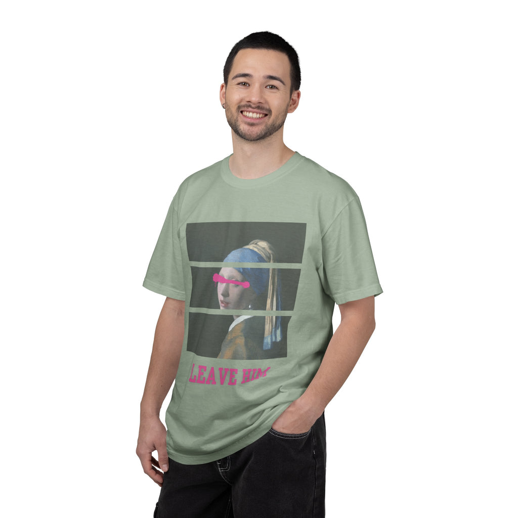 T‑Shirt — 'Leave Him' Girl with Pearl Split-Panel Graphic