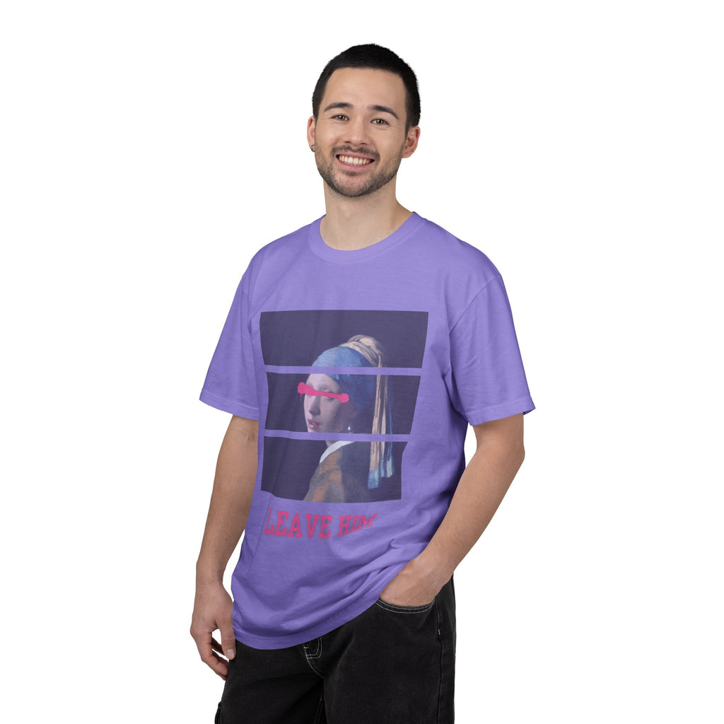 T‑Shirt — 'Leave Him' Girl with Pearl Split-Panel Graphic