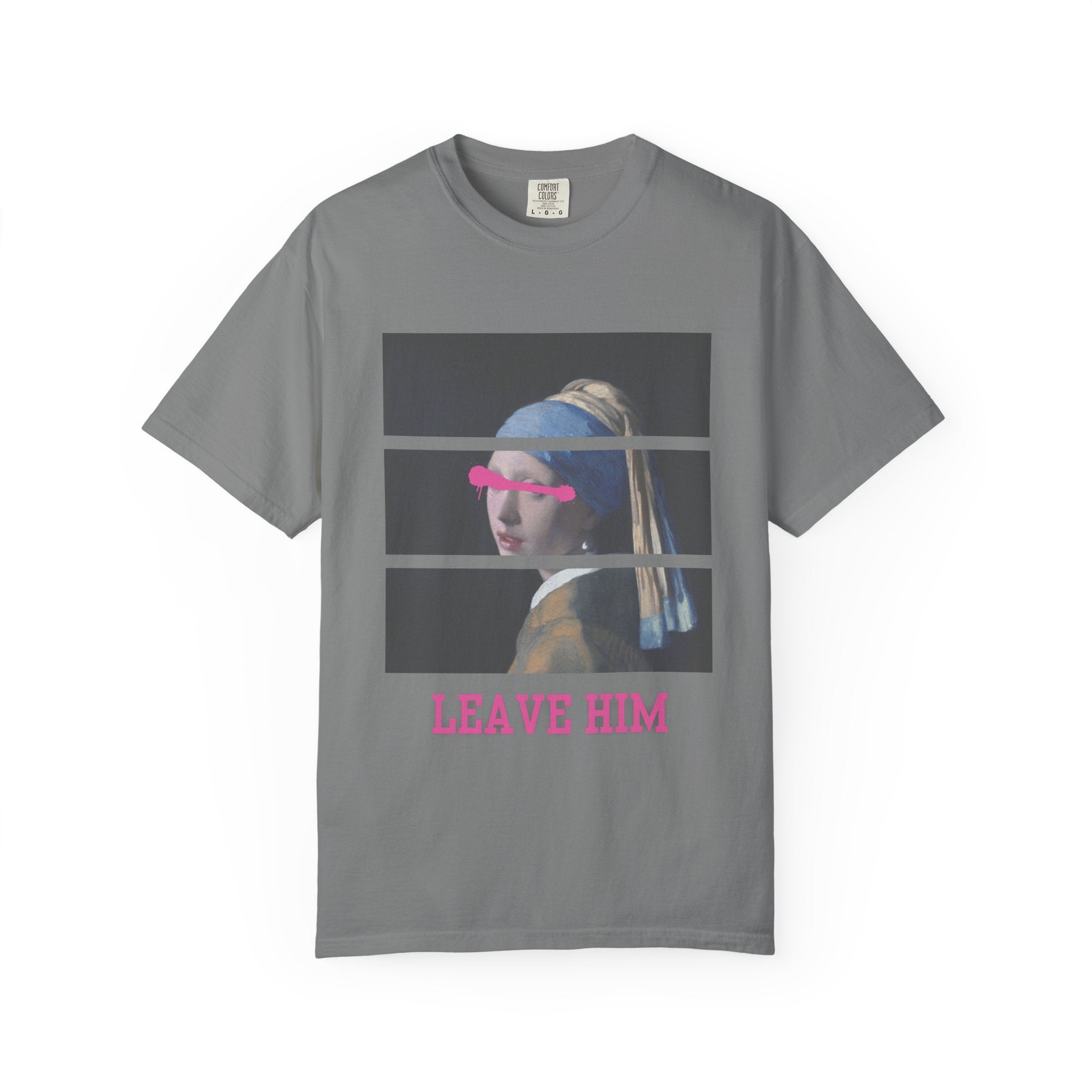 T‑Shirt — 'Leave Him' Girl with Pearl Split-Panel Graphic