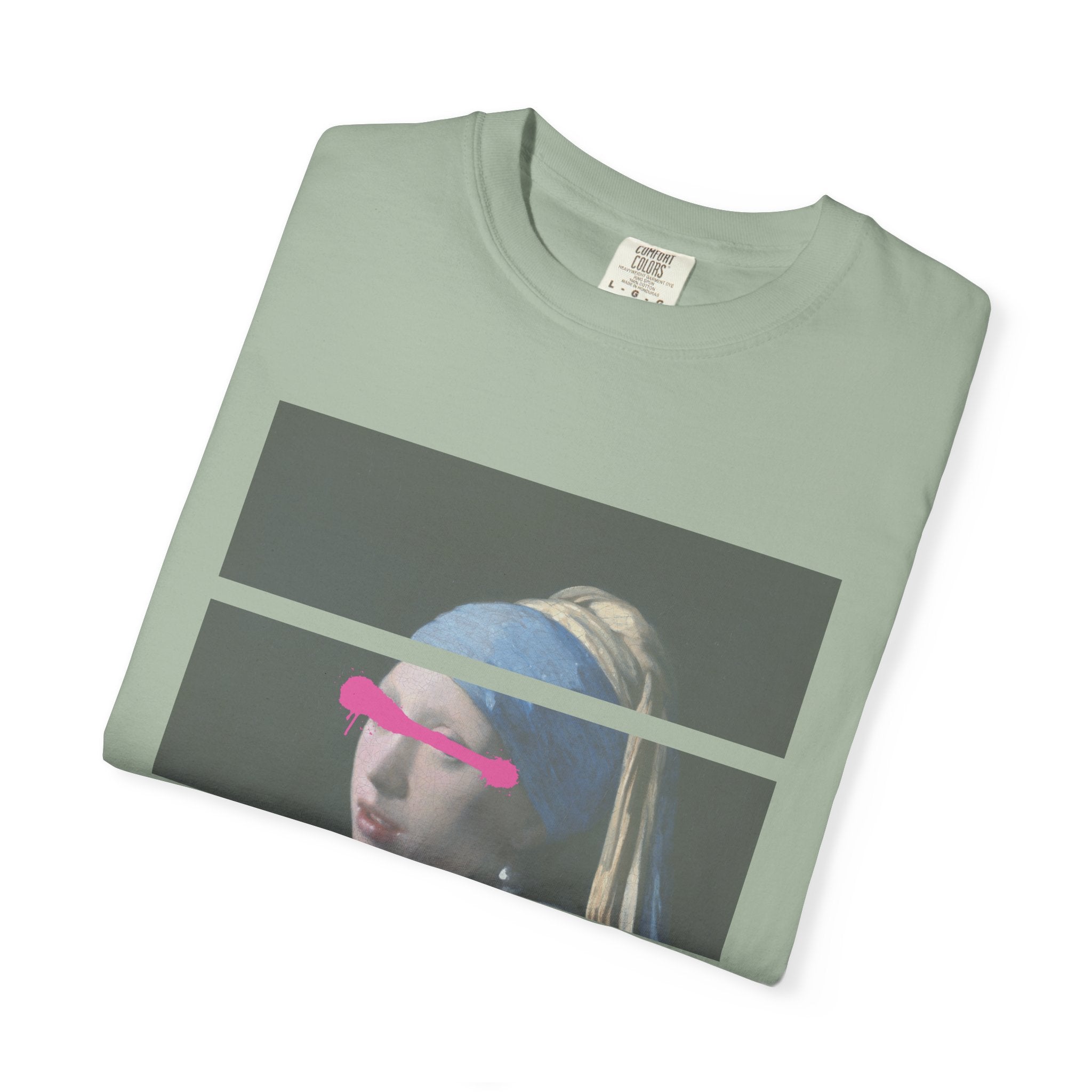 T‑Shirt — 'Leave Him' Girl with Pearl Split-Panel Graphic