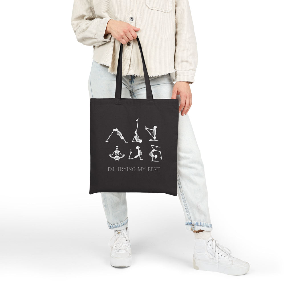Yoga Pose Tote Bag - "I'm Trying My Best" Cotton Canvas Grocery & Workout Bag