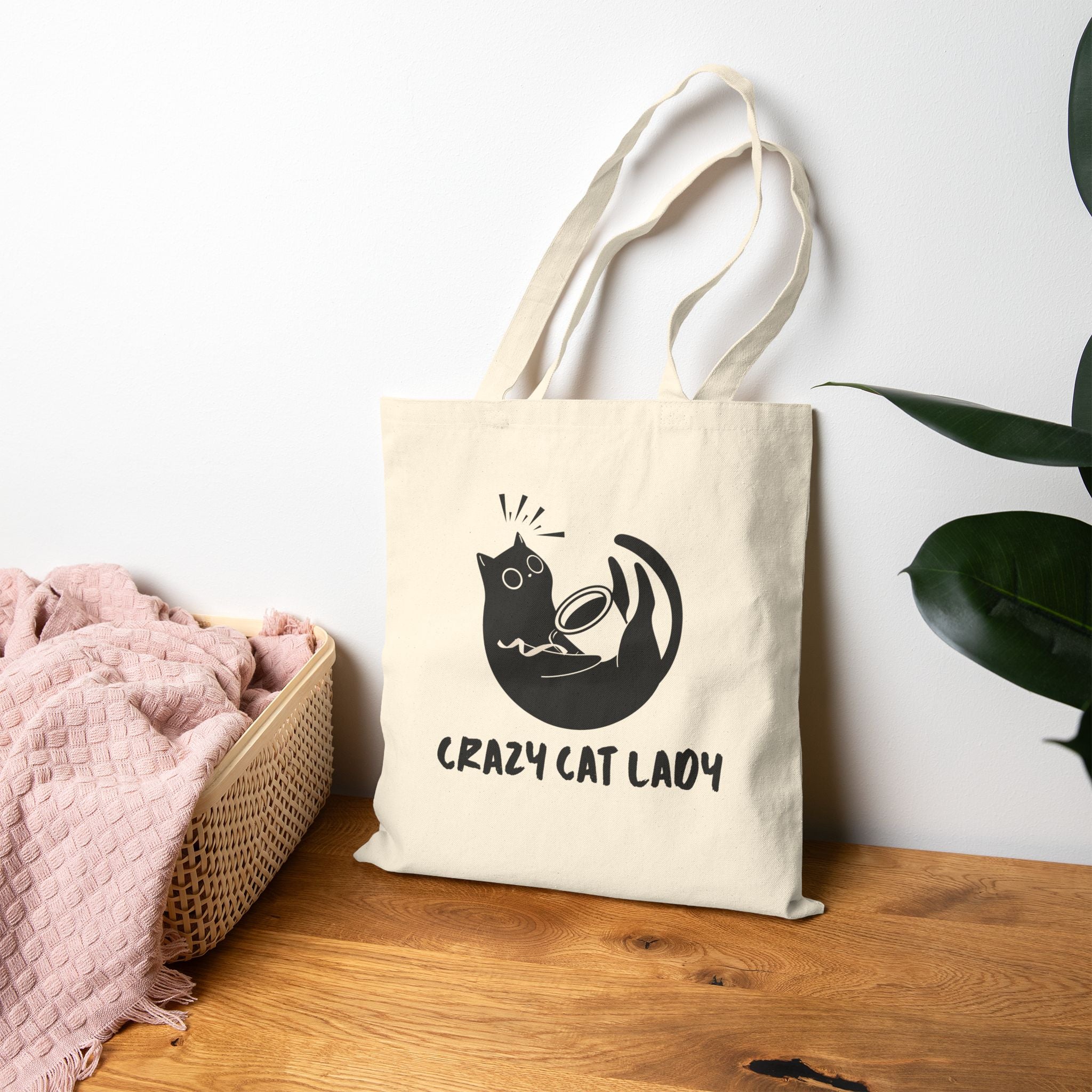 Crazy Cat Lady Canvas Tote Bag — Funny Black Cat Illustration Cotton Shopper