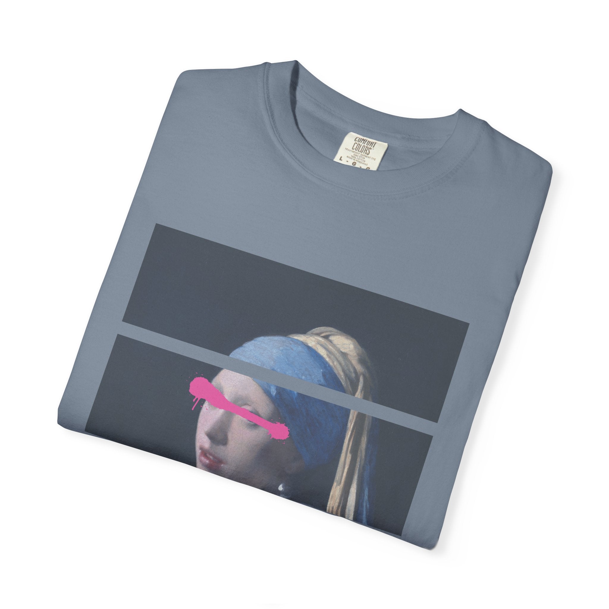 T‑Shirt — 'Leave Him' Girl with Pearl Split-Panel Graphic