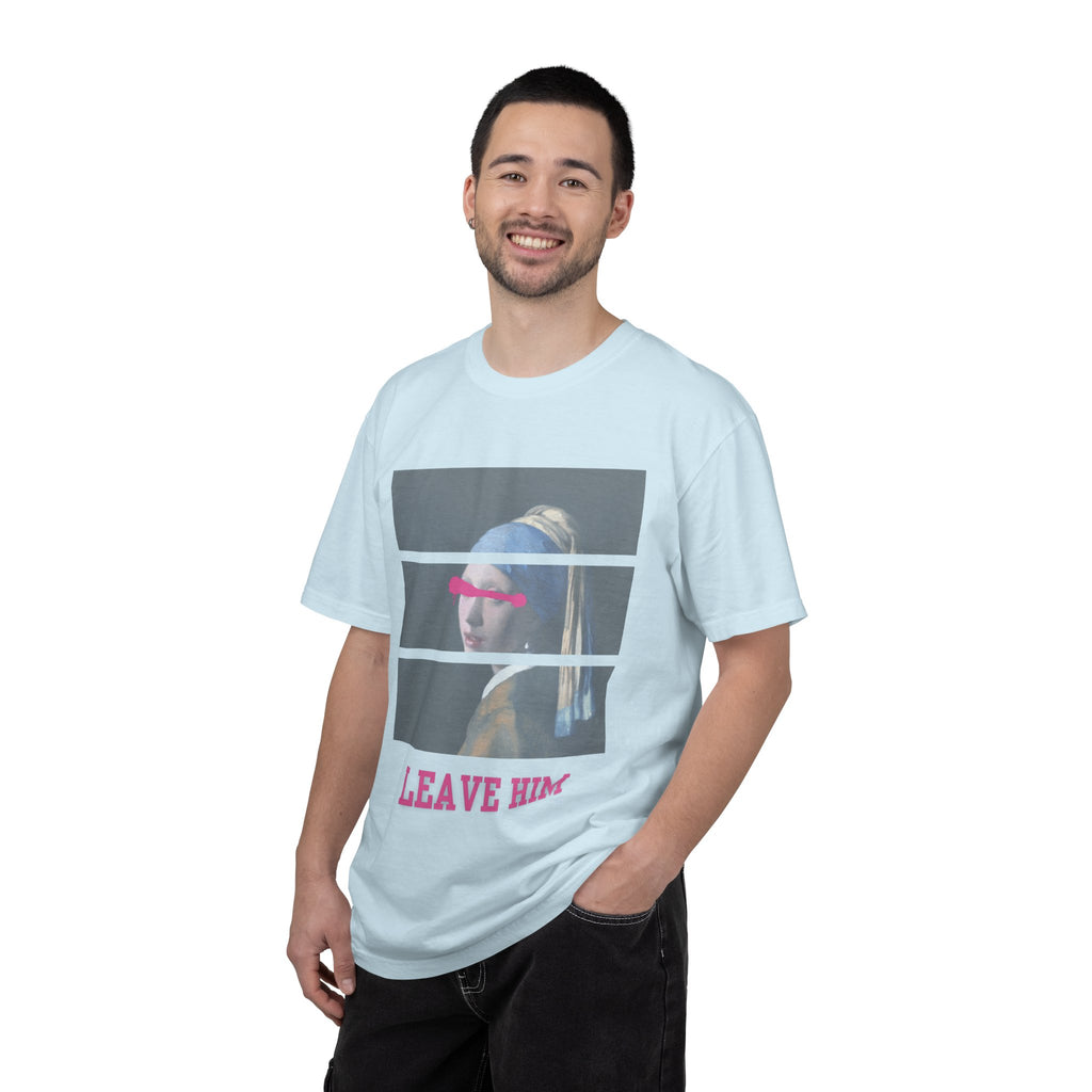 T‑Shirt — 'Leave Him' Girl with Pearl Split-Panel Graphic
