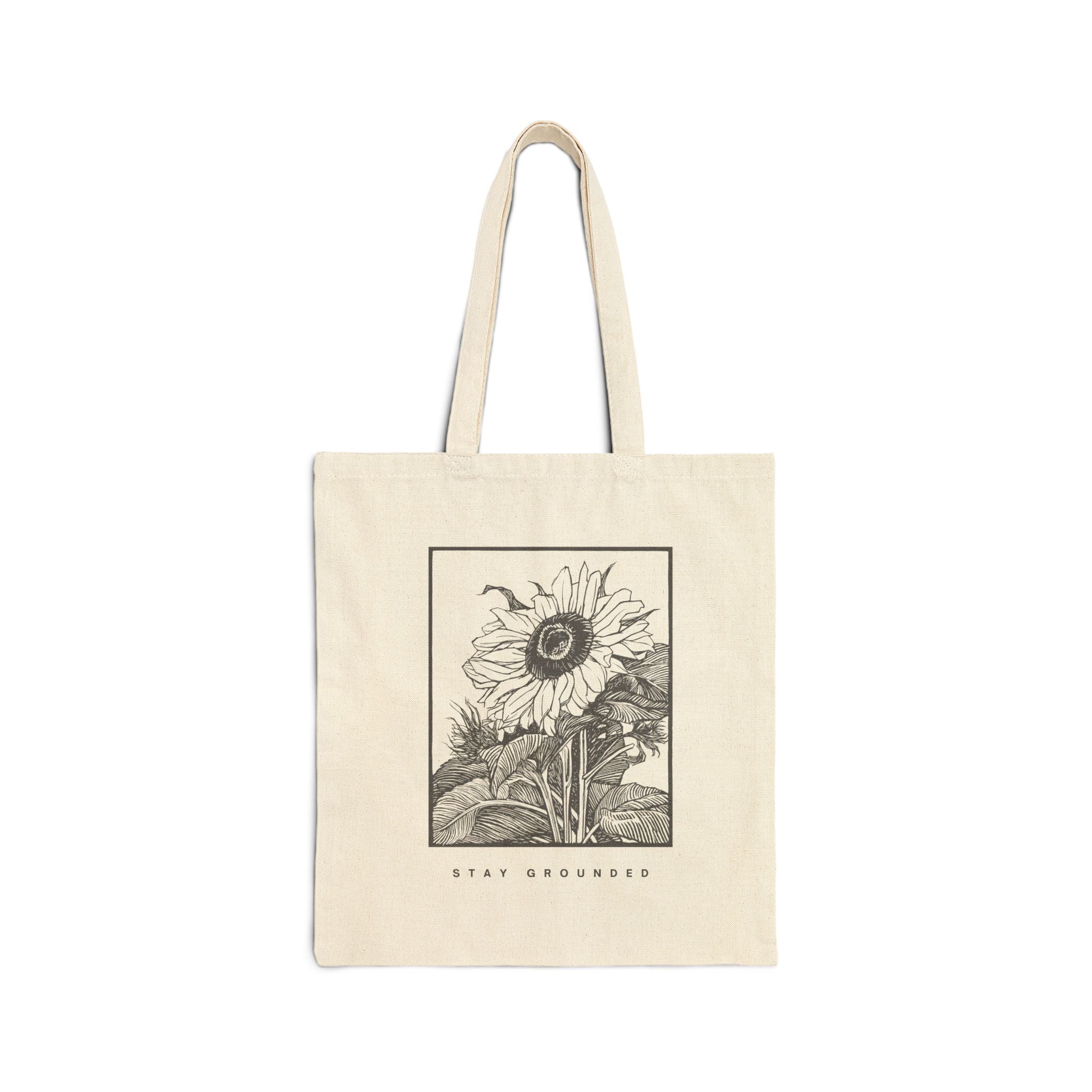 Sunflower Sketch Tote Bag — "Stay Grounded" Cotton Canvas Grocery Tote