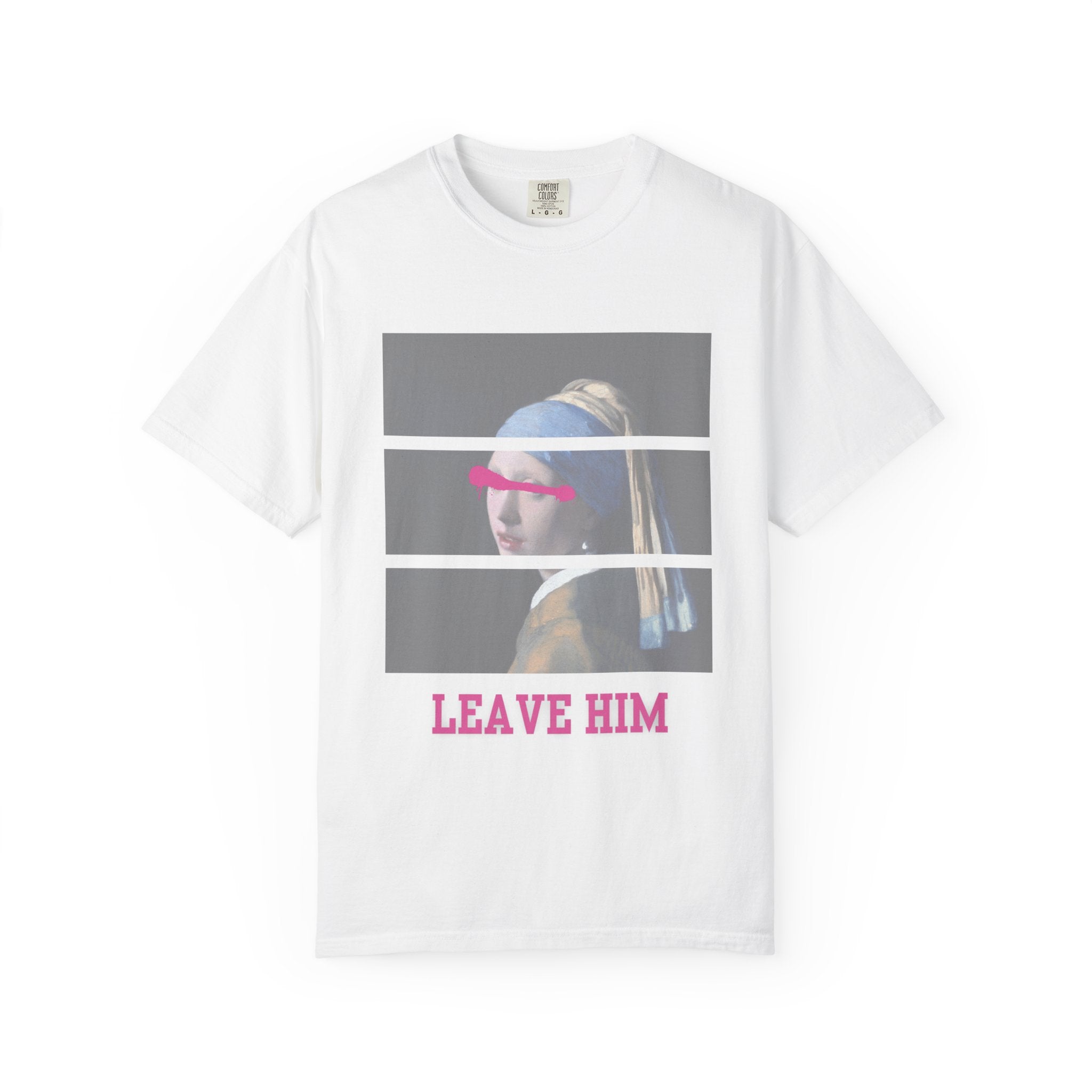 T‑Shirt — 'Leave Him' Girl with Pearl Split-Panel Graphic