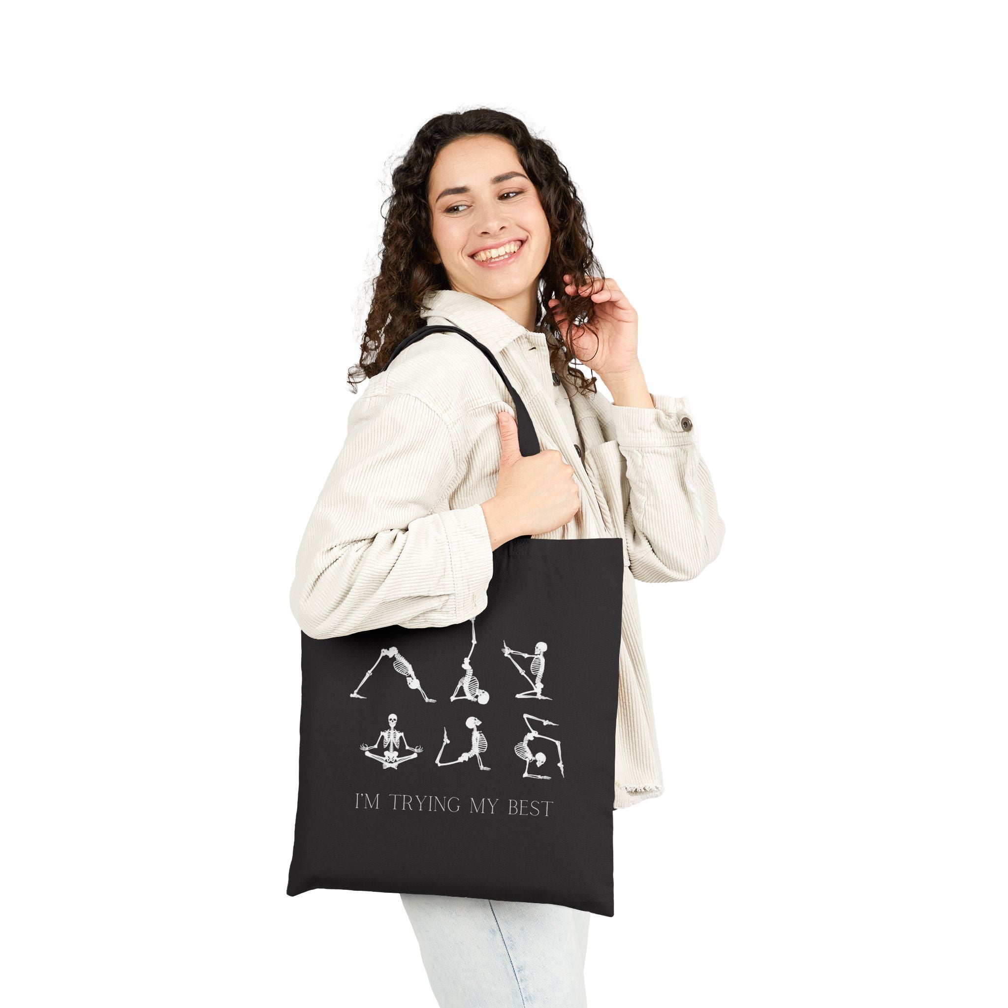 Yoga Pose Tote Bag - "I'm Trying My Best" Cotton Canvas Grocery & Workout Bag