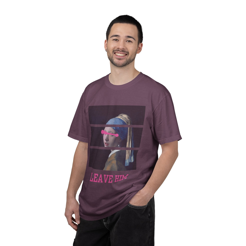 T‑Shirt — 'Leave Him' Girl with Pearl Split-Panel Graphic