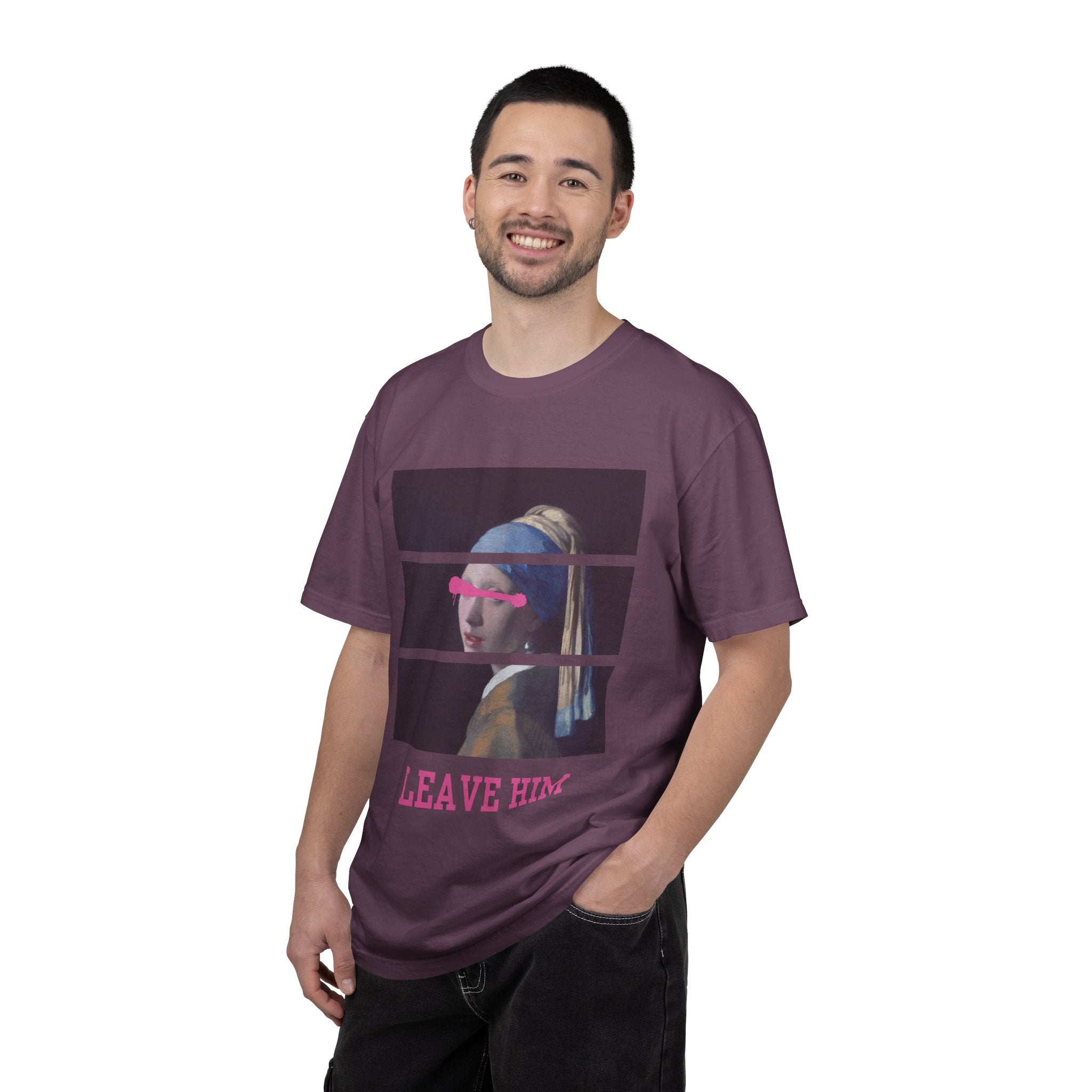 T‑Shirt — 'Leave Him' Girl with Pearl Split-Panel Graphic
