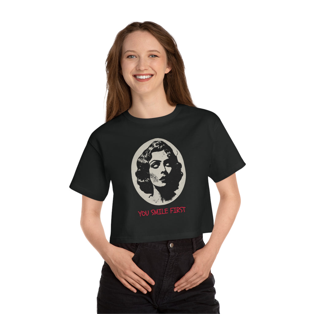 Cropped T-Shirt — Retro Portrait 'You Smile First' Vintage Graphic